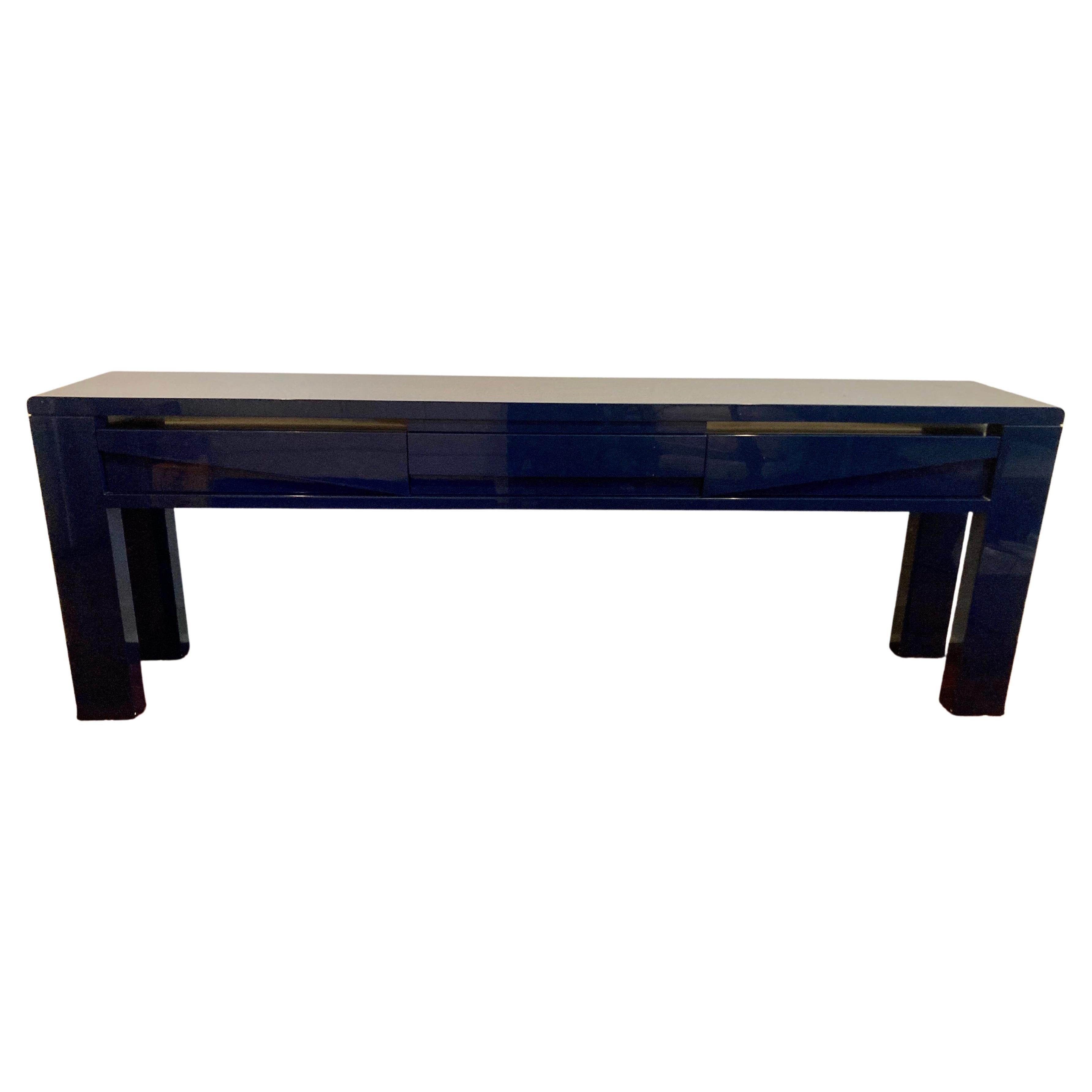 Table console élégante moderne du milieu du siècle dernier en laque bleue brillante d'Emiel Veranneman