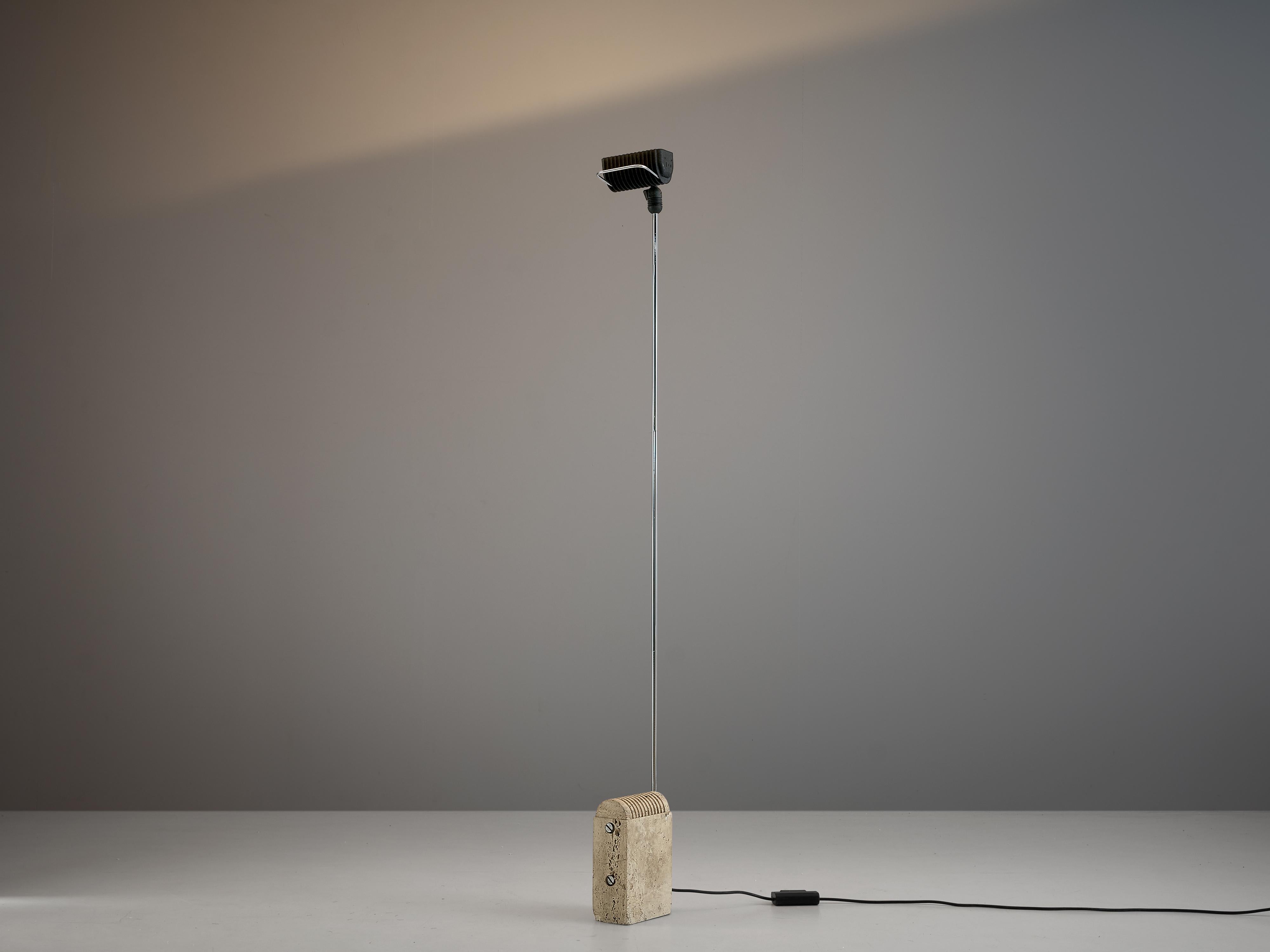 Floor lamp, travertine, aluminium, stainless steel, Italy, 1960s

Sleek floor lamp with a clean, modern look. This floor lamp has a streamlined appearance. The base of the lamp is made out of travertine which creates an industrial effect. The