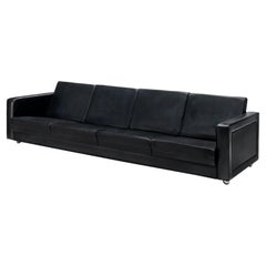 Vintage Sleek Four-Seat Danish Sofa in Black Leatherette 