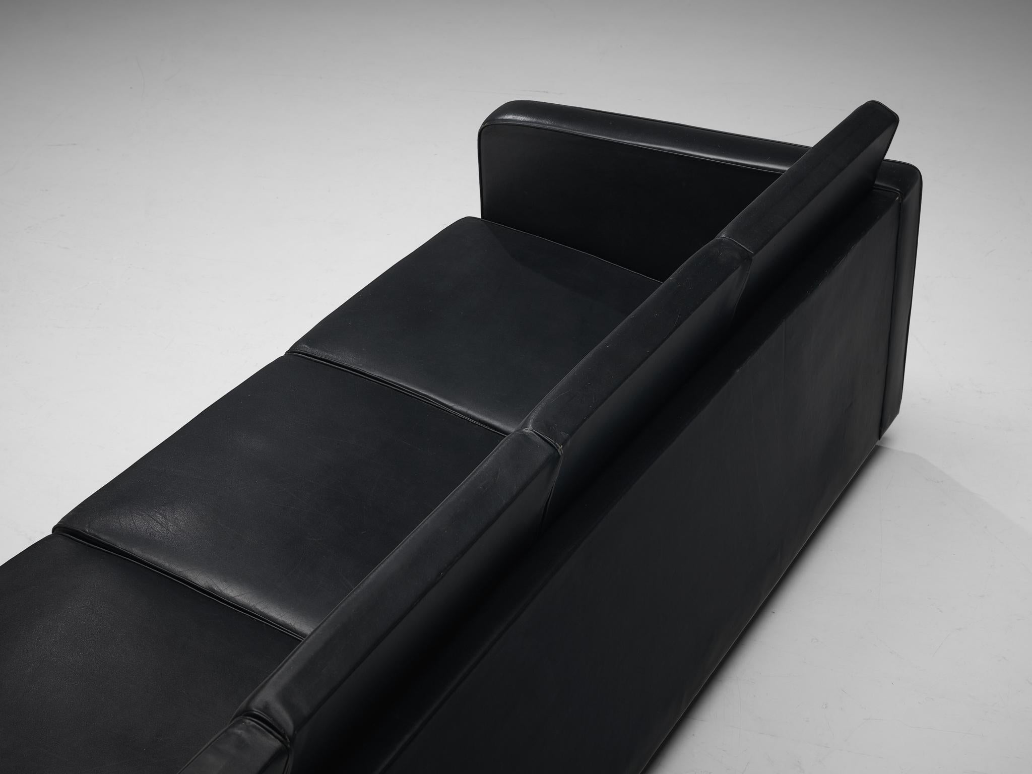 Mid-Century Modern Sleek Four-Seat Danish Sofa in Black Leatherette  For Sale