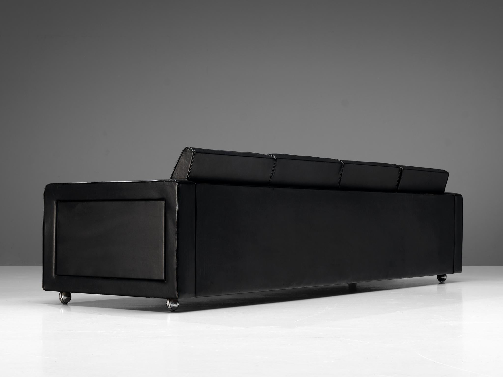 Sleek Four-Seat Danish Sofa in Black Leatherette  In Good Condition For Sale In Waalwijk, NL