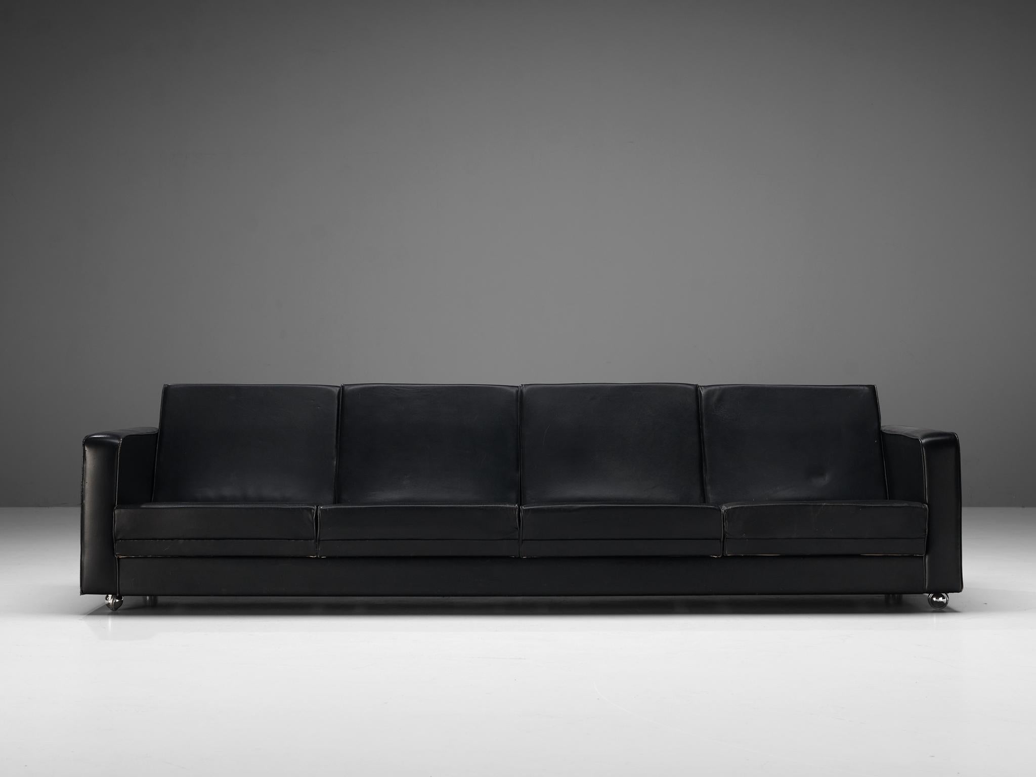 Mid-20th Century Sleek Four-Seat Danish Sofa in Black Leatherette  For Sale