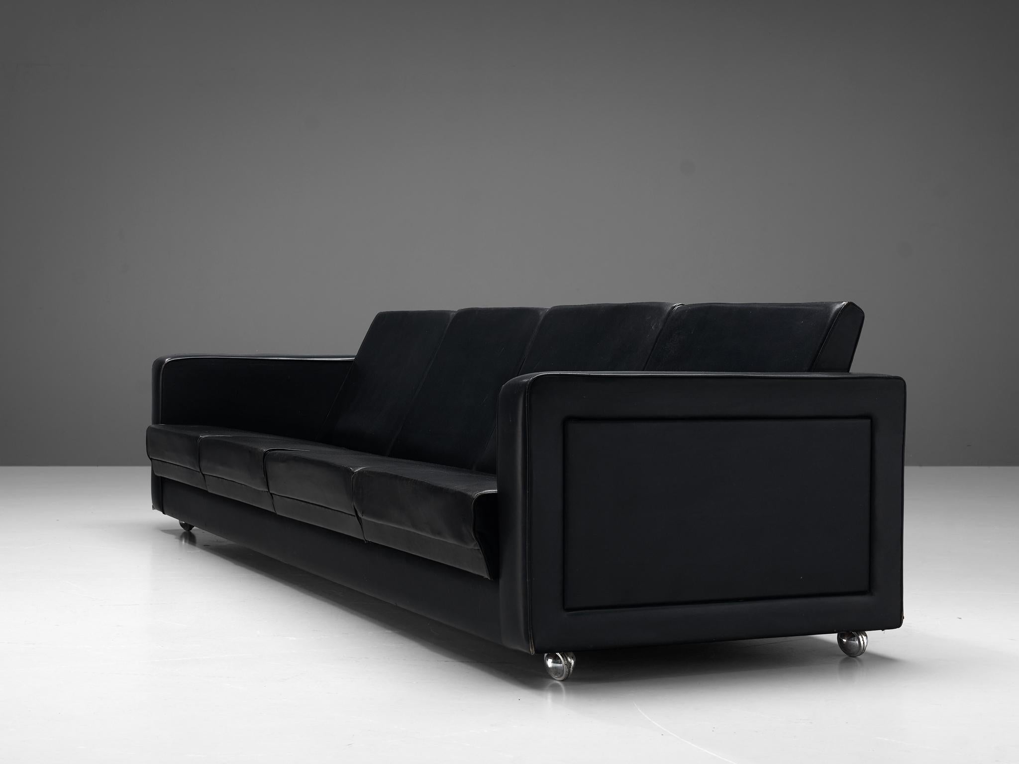 Metal Sleek Four-Seat Danish Sofa in Black Leatherette  For Sale