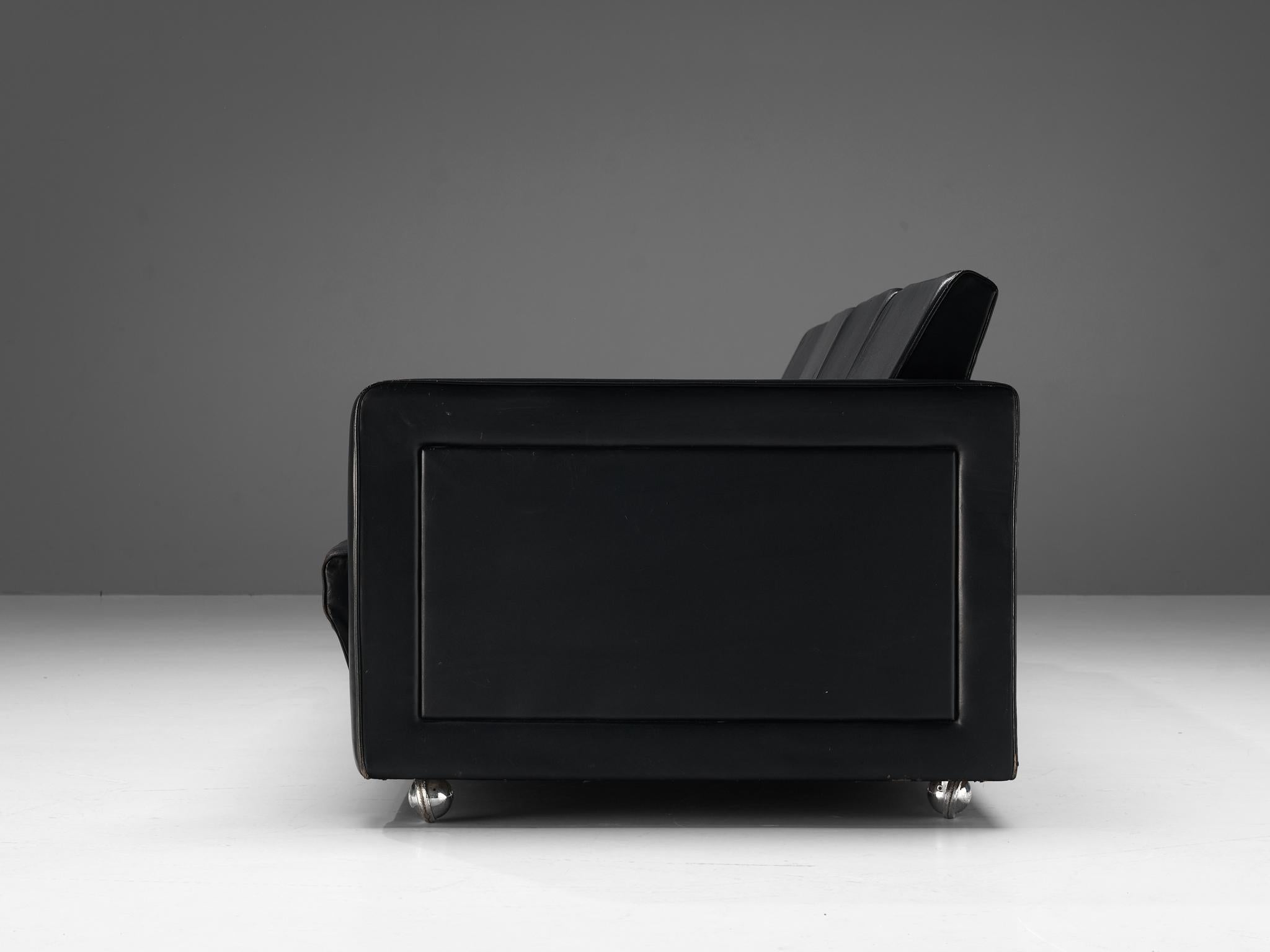 Sleek Four-Seat Danish Sofa in Black Leatherette  For Sale 1