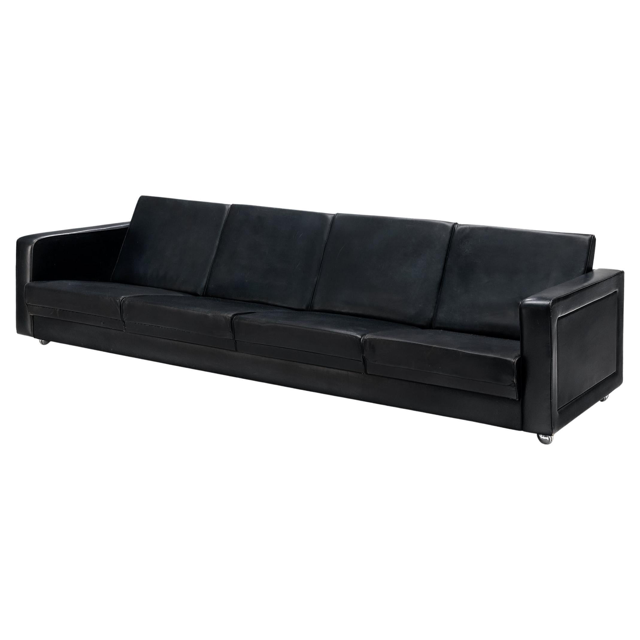 Sleek Four-Seat Danish Sofa in Black Leatherette  For Sale
