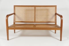Sleek French 'Art Moderne' Wood Frame & Cane Settee Loveseat Horsehair Cushions