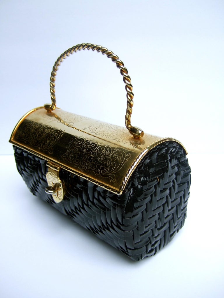 Chic Gilt Metal Black Woven Vinyl Cylinder Box Purse c 1970 For Sale at ...
