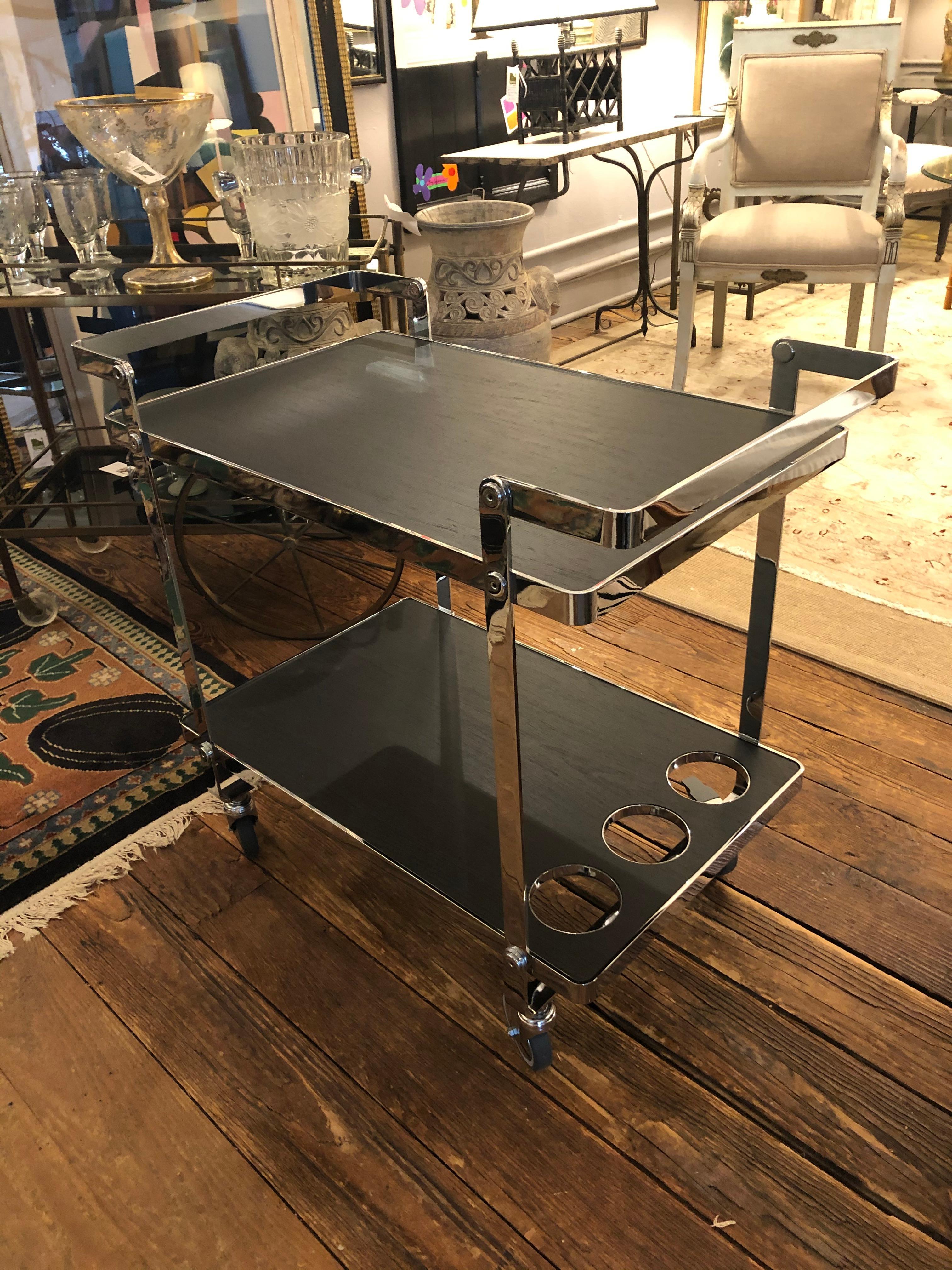 Sleek Glamorous Chrome and Black Wooden Laminate Bar Cart 1