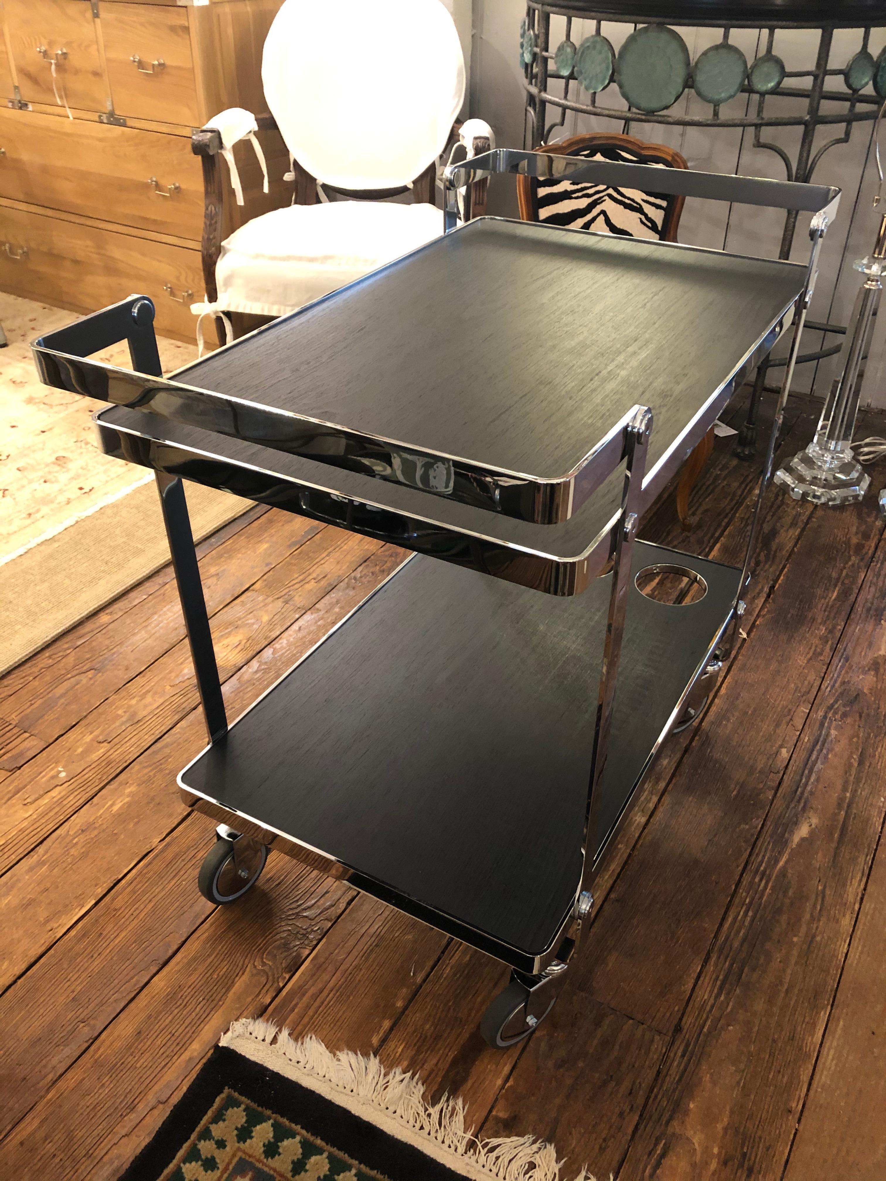 Contemporary Sleek Glamorous Chrome and Black Wooden Laminate Bar Cart