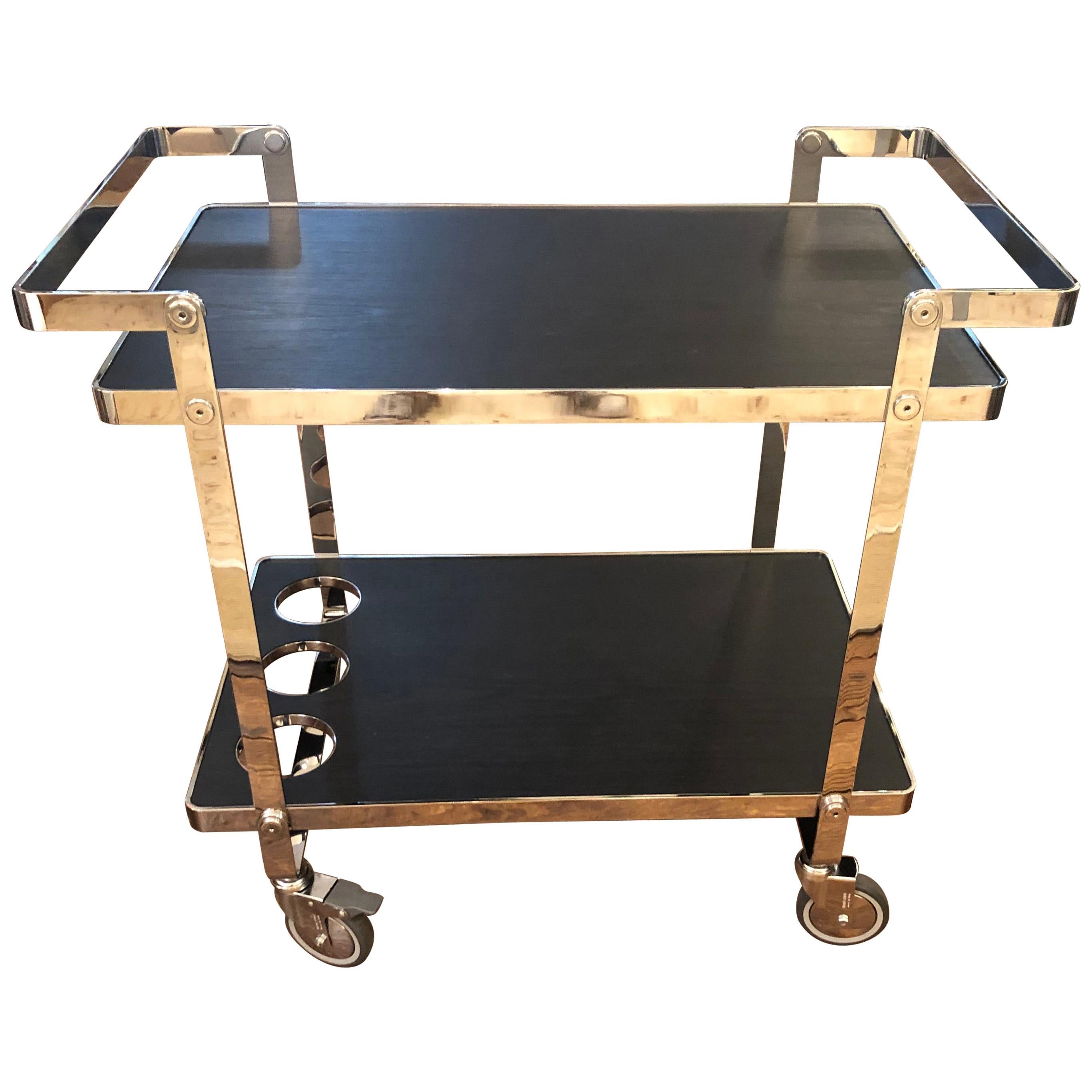 Sleek Glamorous Chrome and Black Wooden Laminate Bar Cart