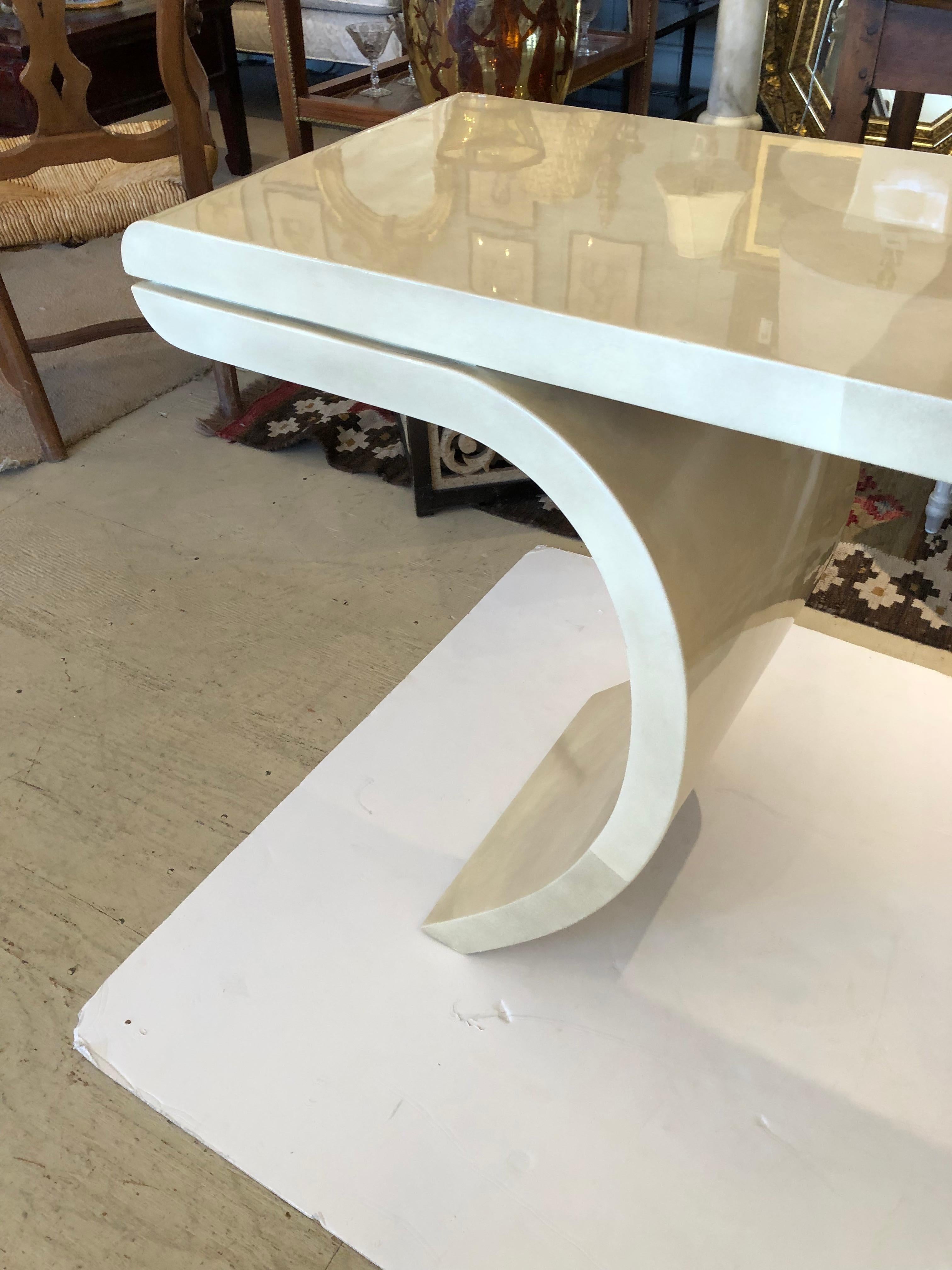 Mid-Century Modern Sleek & Glossy Cream Laquered Faux Goatskin Karl Springer Style Console Table
