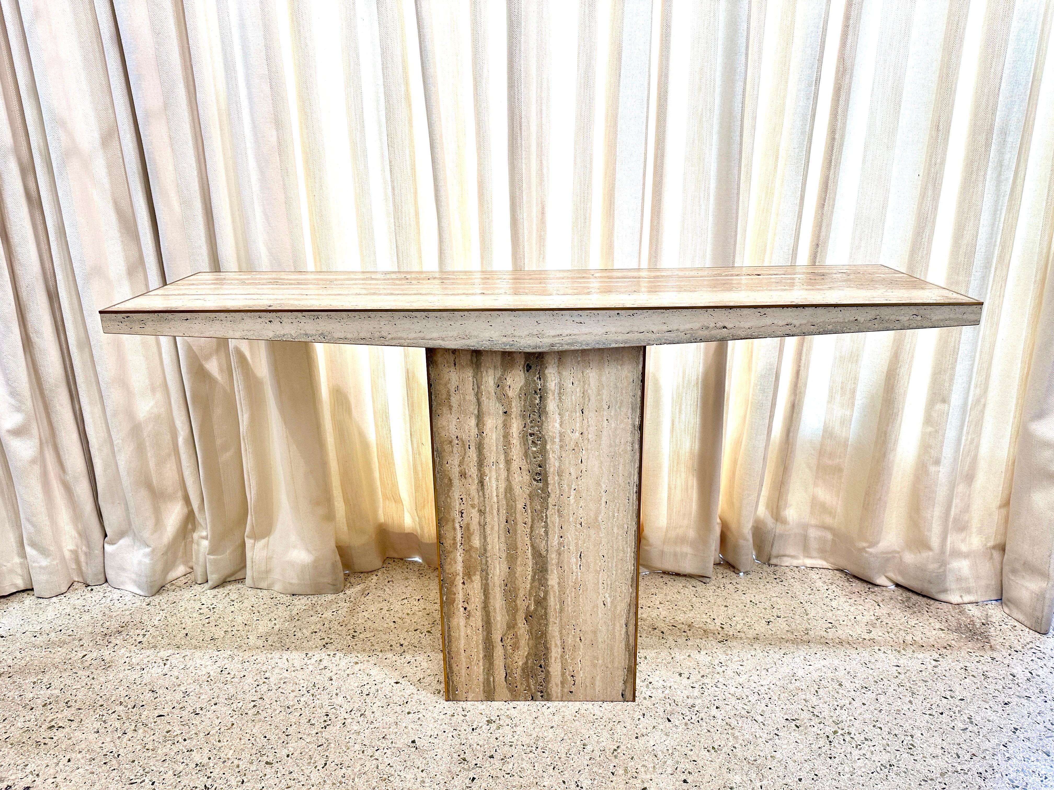 Sleek Italian Travertine and Brass Inlay Console Table, TWO AVAILABLE For Sale 5