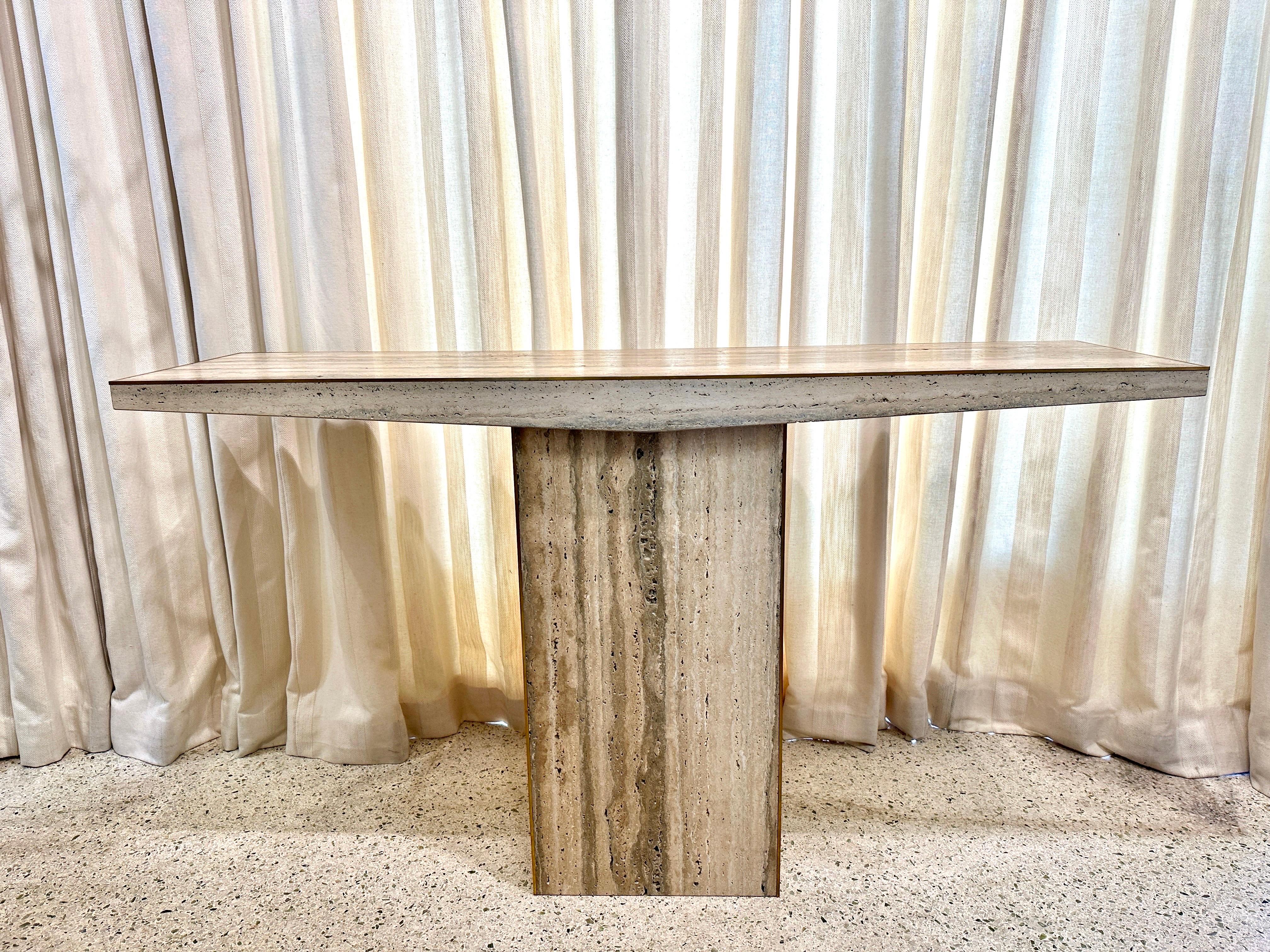 Sleek Italian Travertine and Brass Inlay Console Table, TWO AVAILABLE For Sale 6