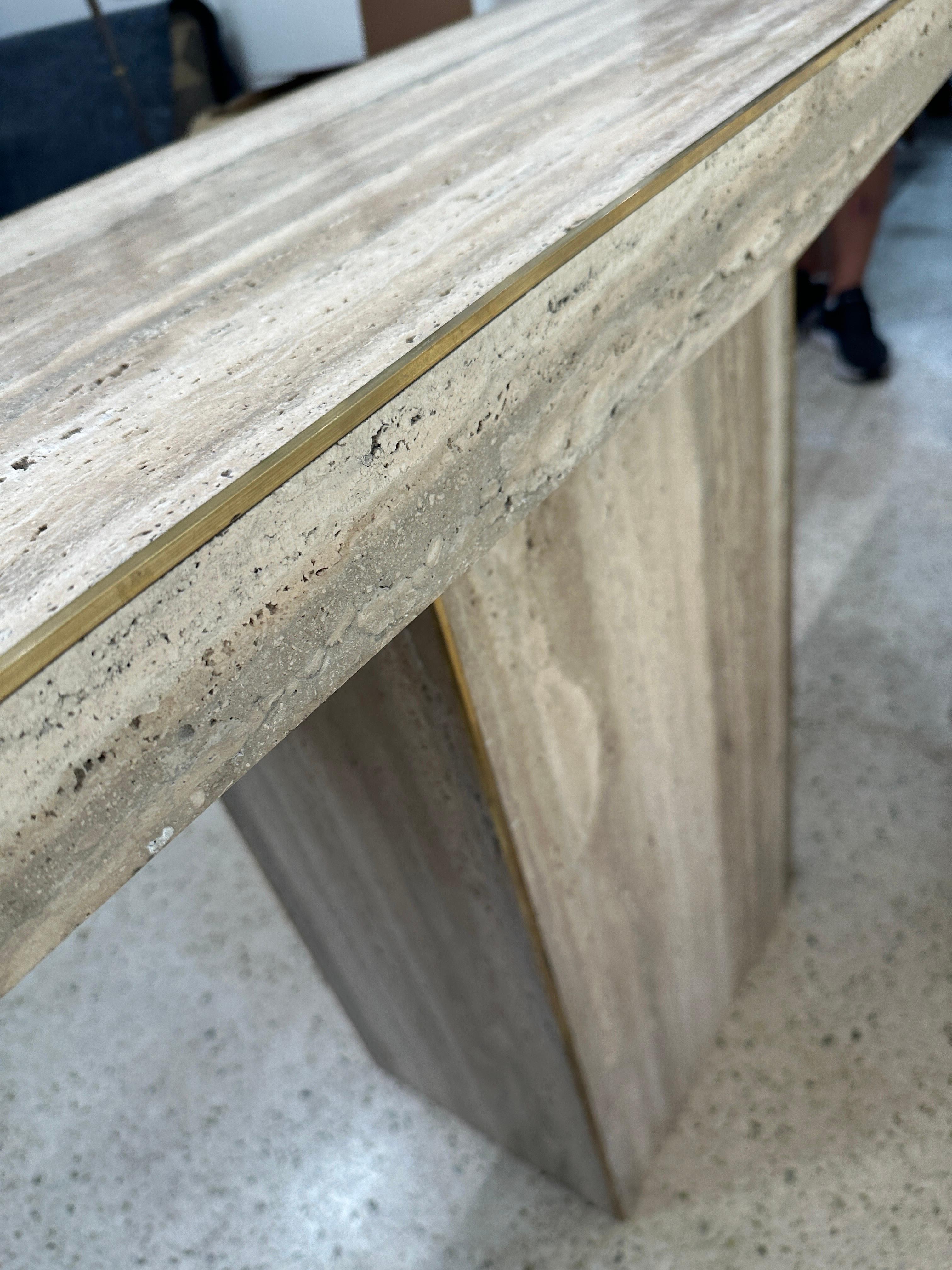 Post-Modern Sleek Italian Travertine and Brass Inlay Console Table, TWO AVAILABLE For Sale