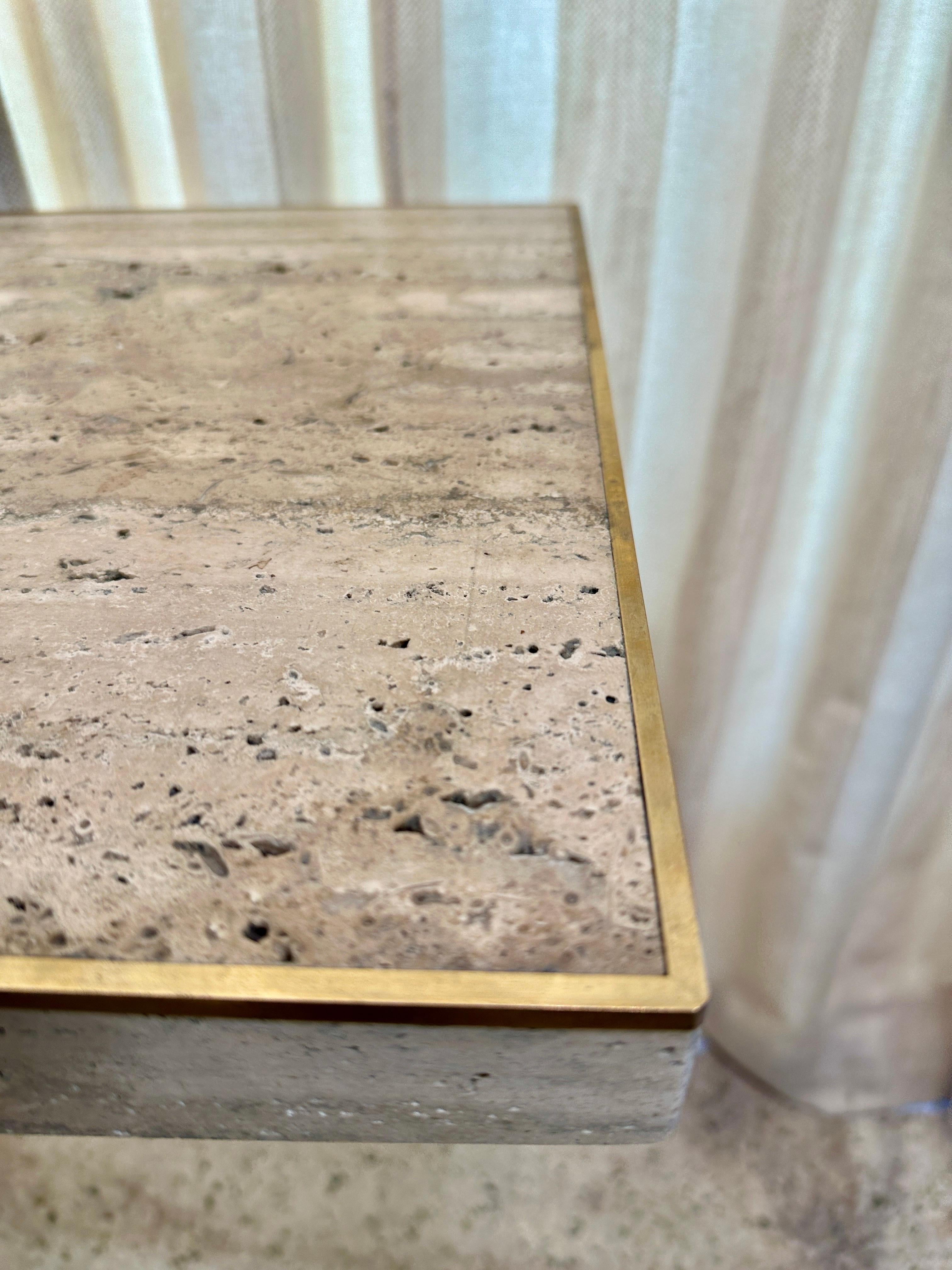 Late 20th Century Sleek Italian Travertine and Brass Inlay Console Table, TWO AVAILABLE For Sale