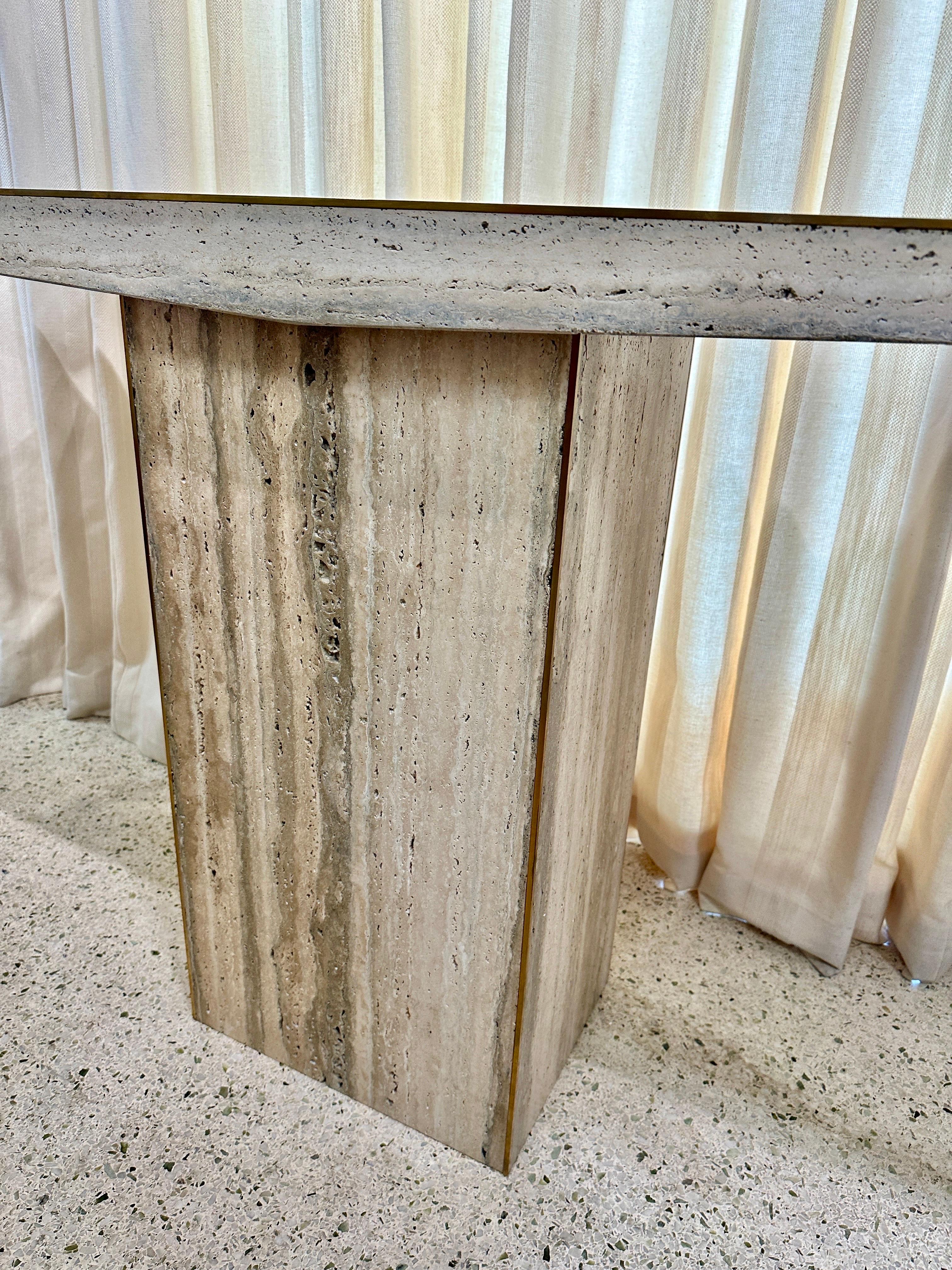 Sleek Italian Travertine and Brass Inlay Console Table, TWO AVAILABLE For Sale 2