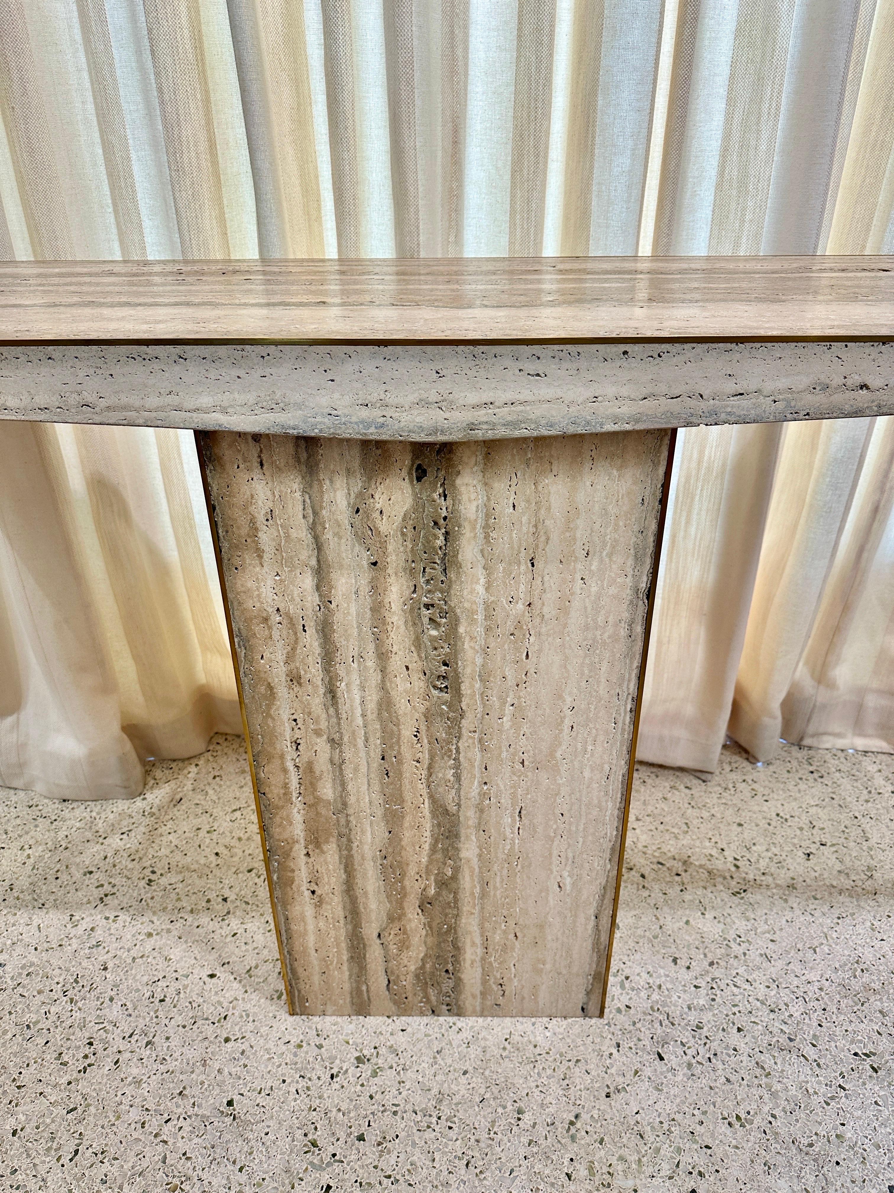 Sleek Italian Travertine and Brass Inlay Console Table, TWO AVAILABLE For Sale 3