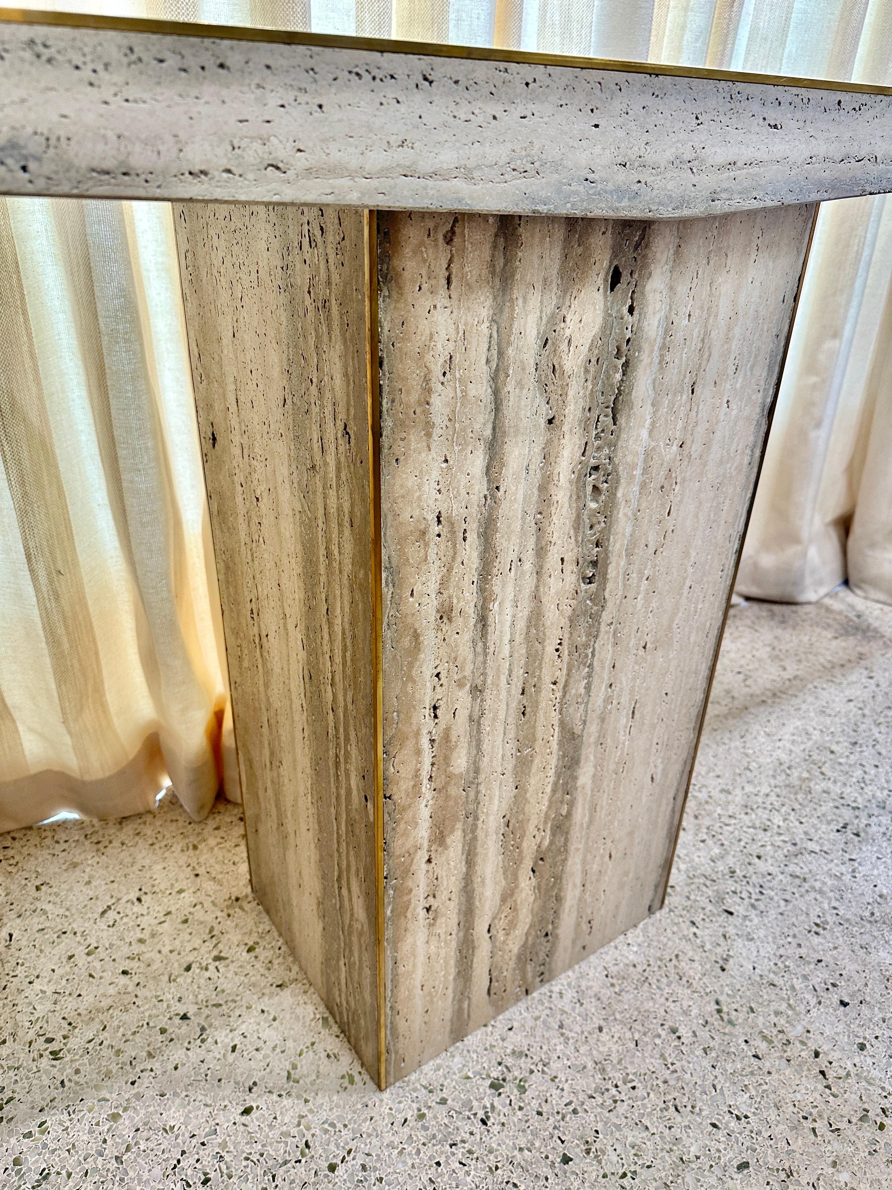 Sleek Italian Travertine and Brass Inlay Console Table, TWO AVAILABLE For Sale 4