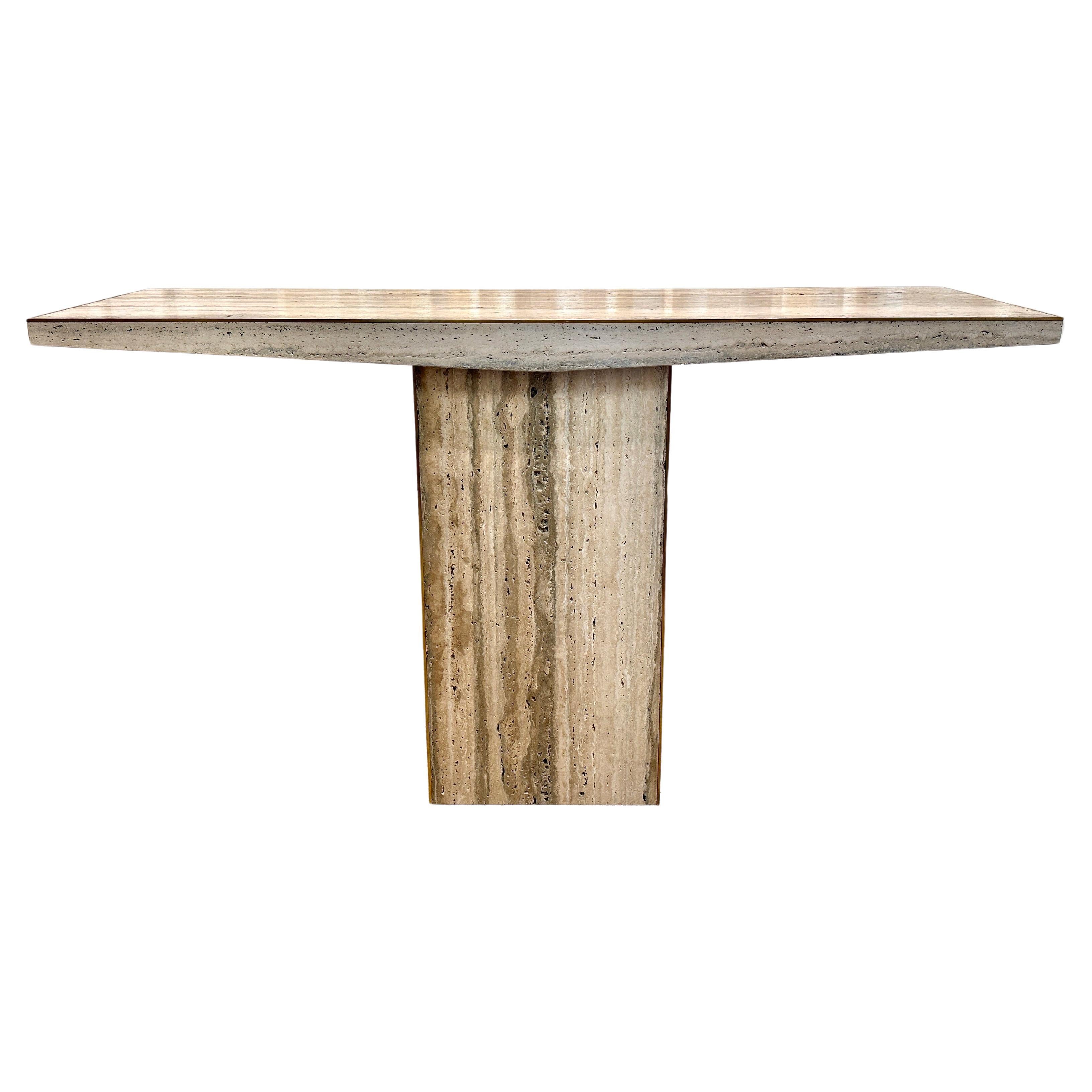 Sleek Italian Travertine and Brass Inlay Console Table, TWO AVAILABLE For Sale