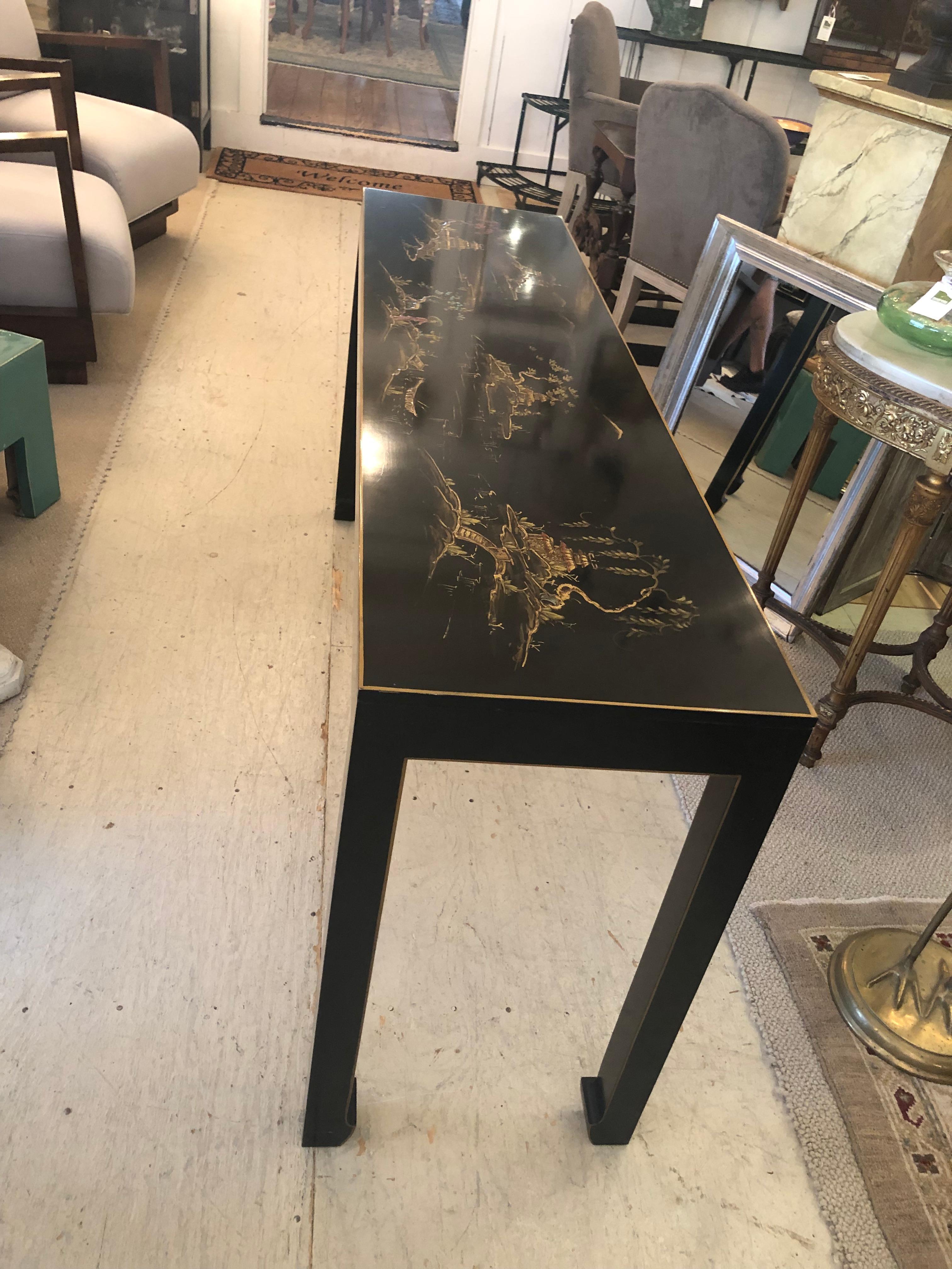 Sleek Japanese Black Lacquer Figural Narrow Console Table 2