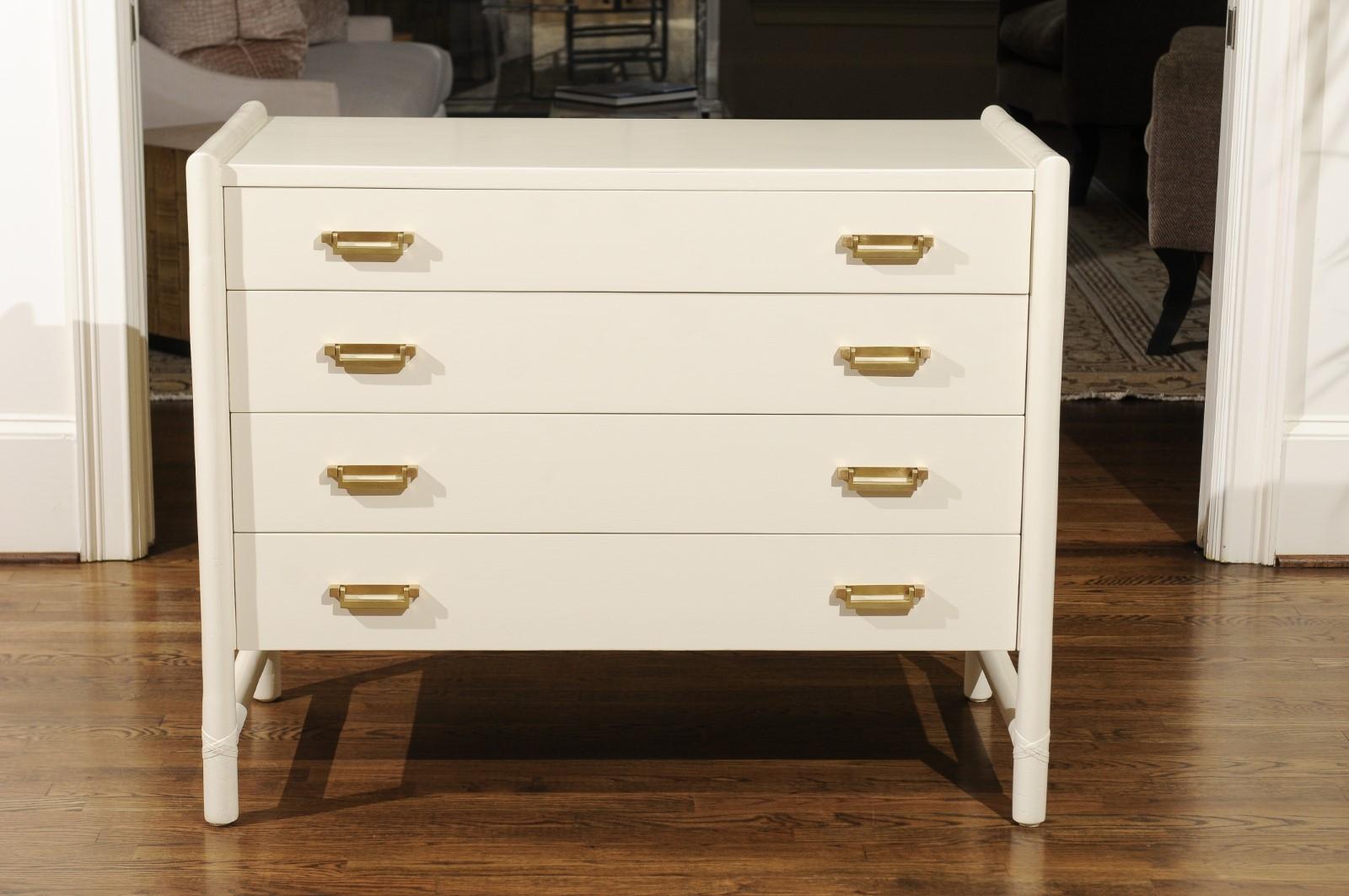 Sleek Meticulously Restored Cream Lacquer Commode by McGuire, circa 1970 For Sale 6
