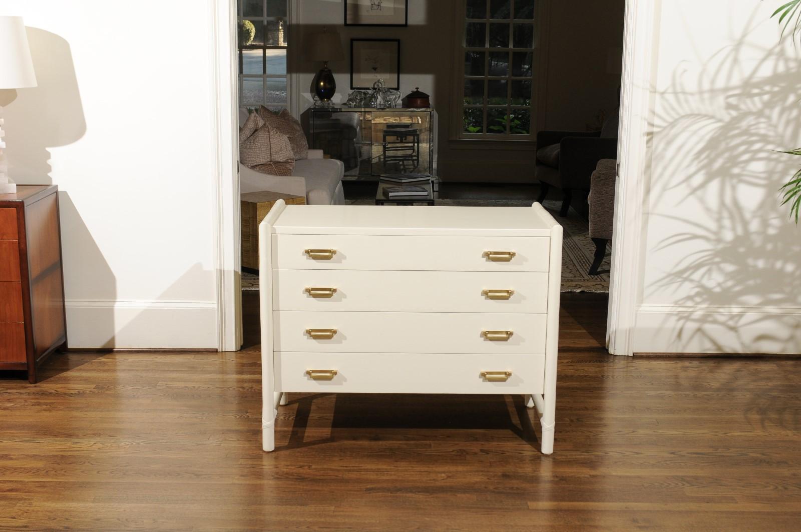 Sleek Meticulously Restored Cream Lacquer Commode by McGuire, circa 1970 For Sale 7