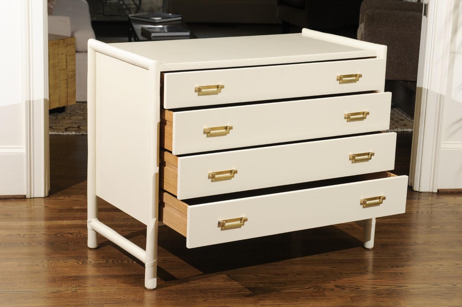 Mid-Century Modern Sleek Meticulously Restored Cream Lacquer Commode by McGuire, circa 1970 For Sale