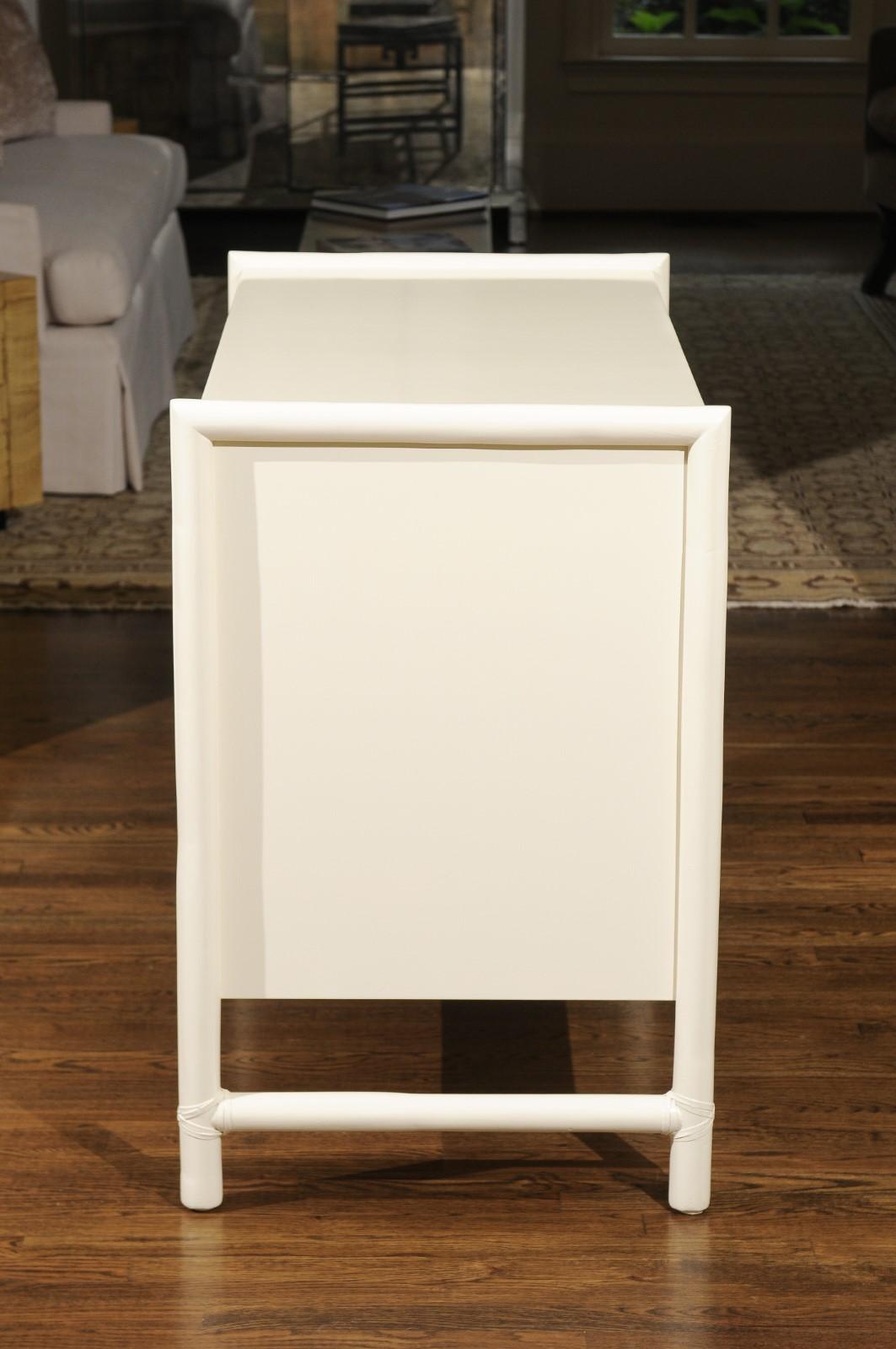 Sleek Meticulously Restored Cream Lacquer Commode by McGuire, circa 1970 In Excellent Condition For Sale In Atlanta, GA
