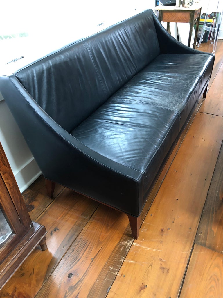 Sleek MidCentury Modern Black Leather Sofa For Sale at 1stDibs
