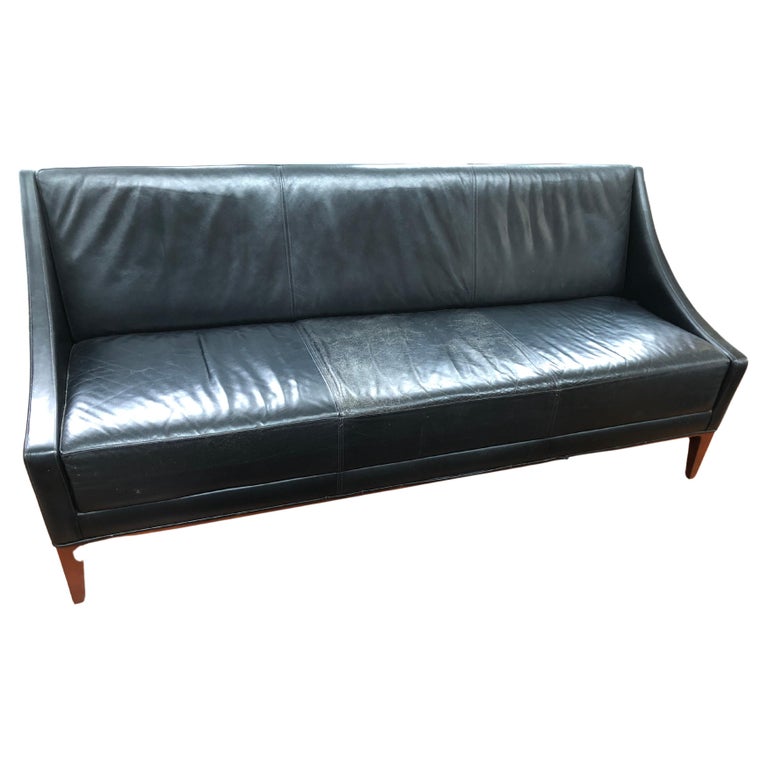 Sleek MidCentury Modern Black Leather Sofa For Sale at 1stDibs