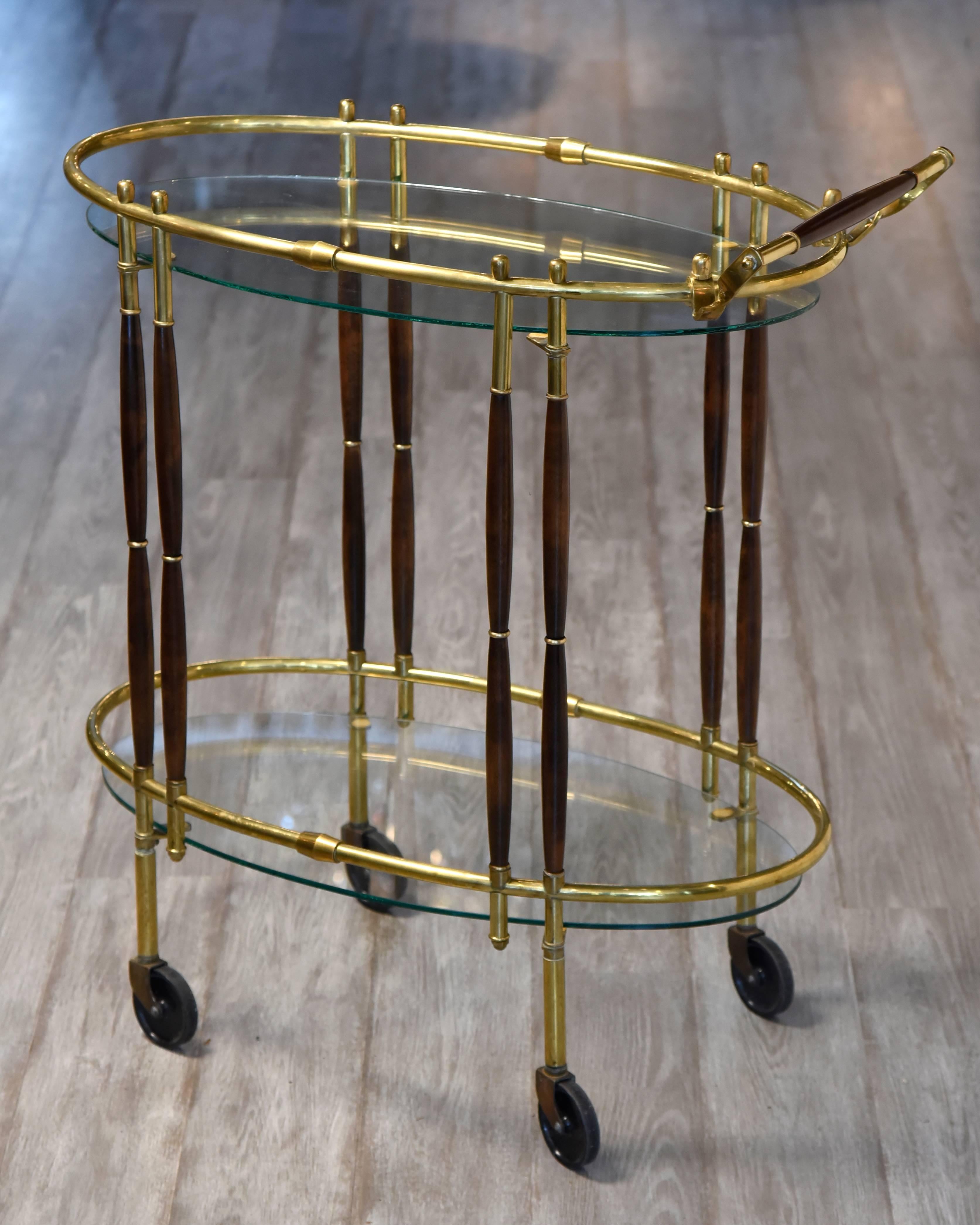 Art Deco Sleek Mid-Century Modern Brass, Walnut and Glass Oval Bar Cart