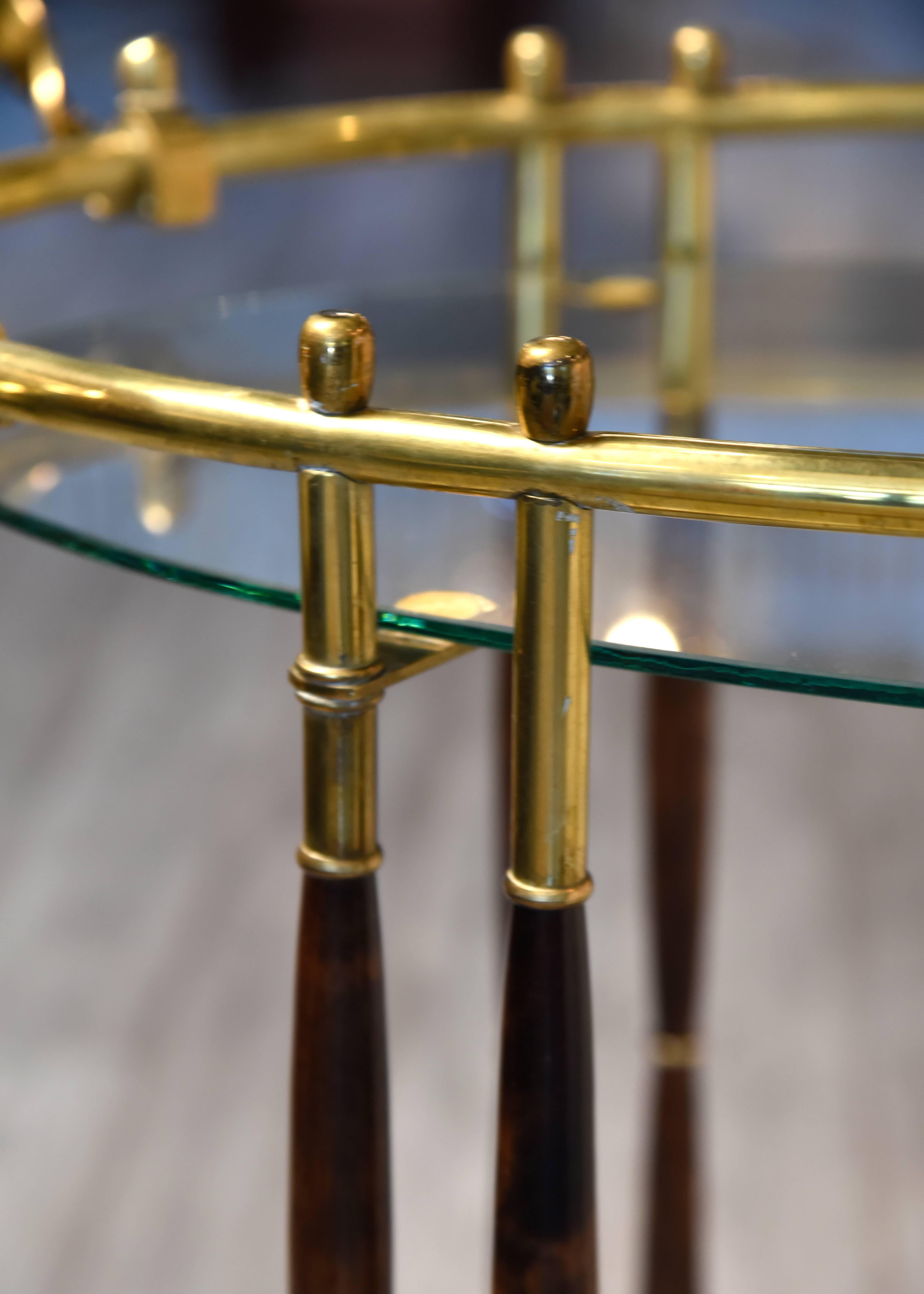 Sleek Mid-Century Modern Brass, Walnut and Glass Oval Bar Cart 1