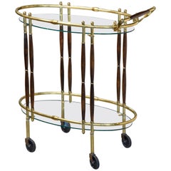 Sleek Mid-Century Modern Brass, Walnut and Glass Oval Bar Cart