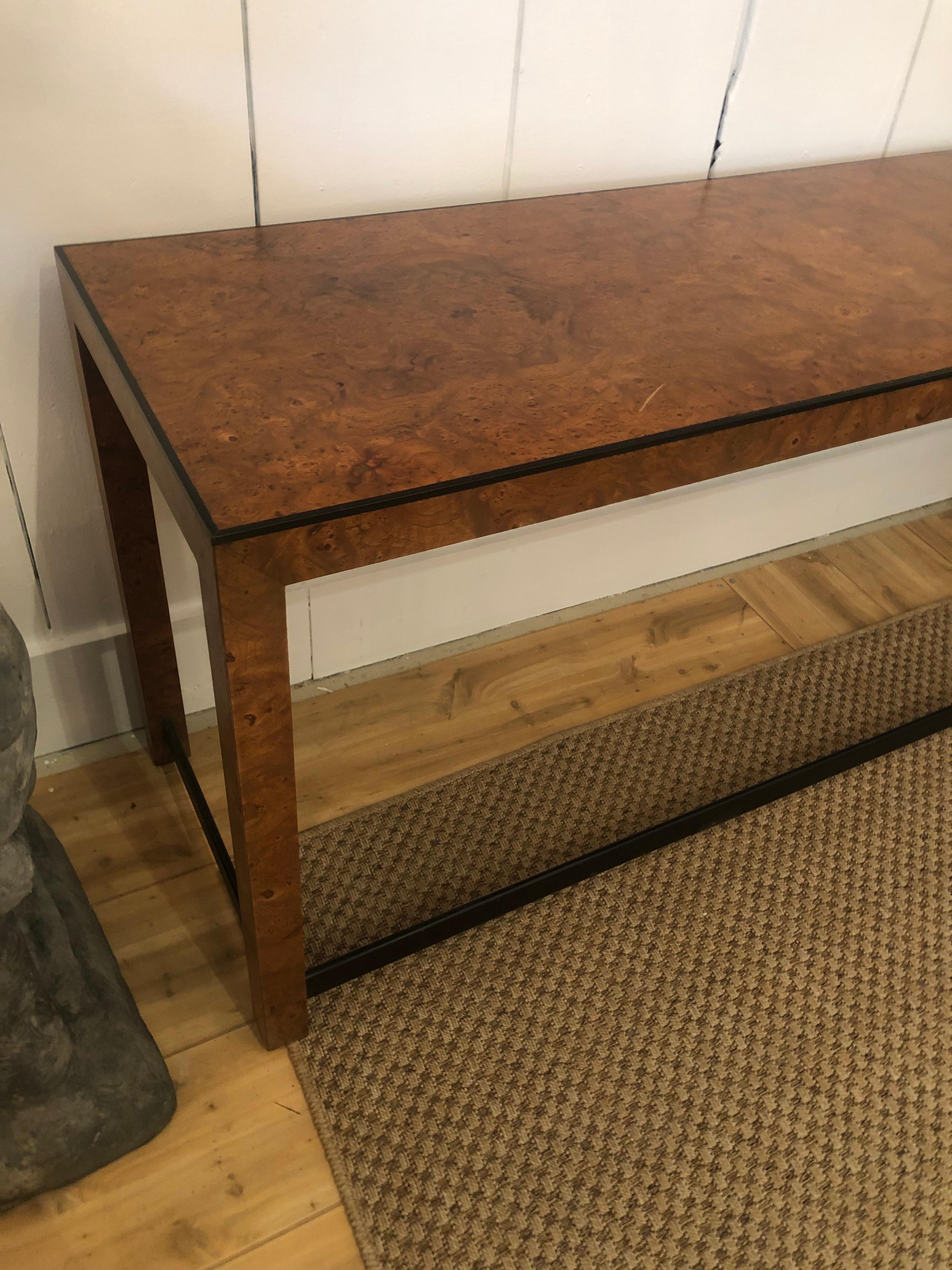 Sleek Mid-Century Modern Burlwood and Ebonized Console Table In Good Condition In Hopewell, NJ