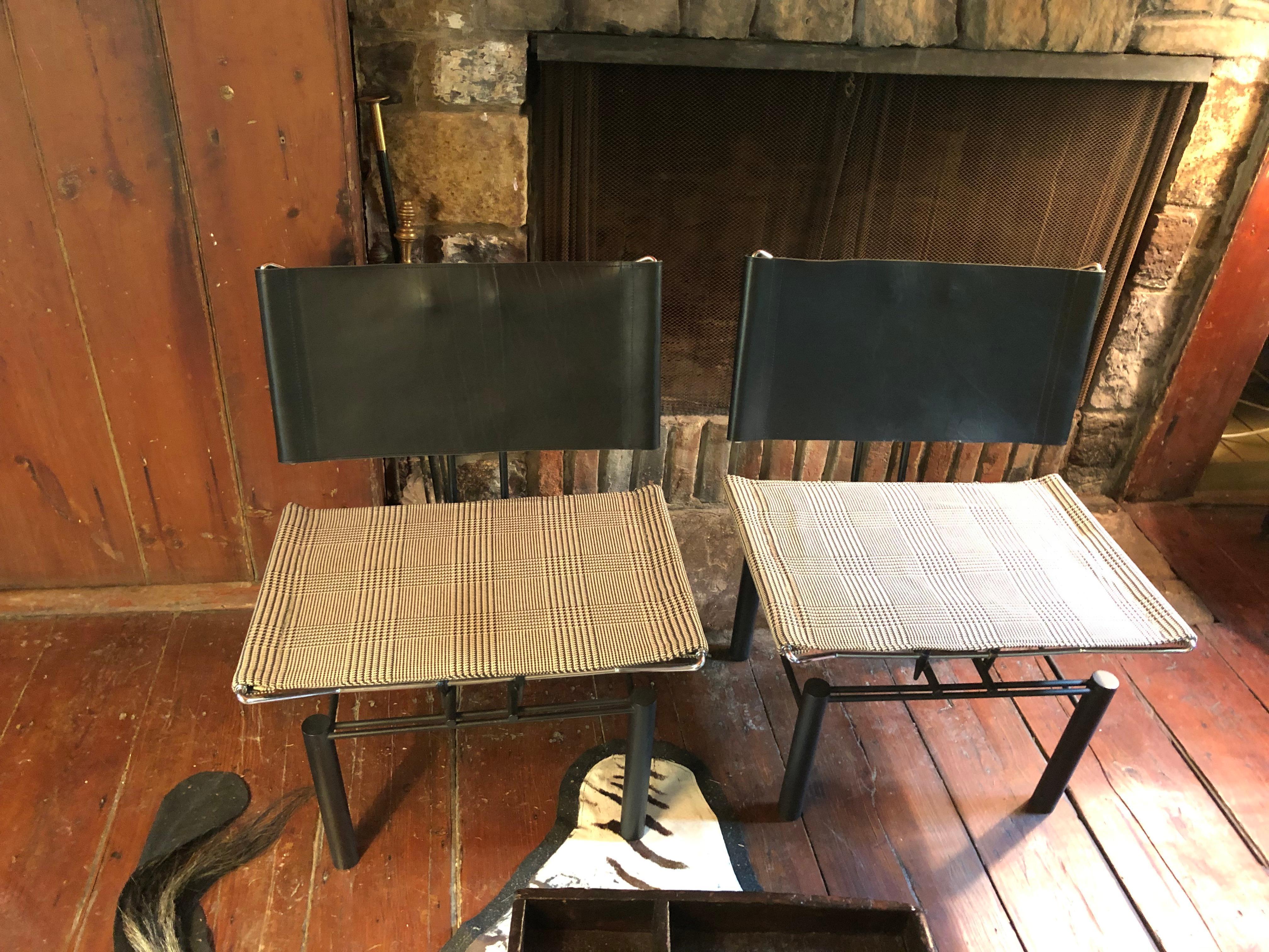 Sleek Mid-Century Modern Sophisticated Pair of Leather & Houndstooth Club Chairs 12