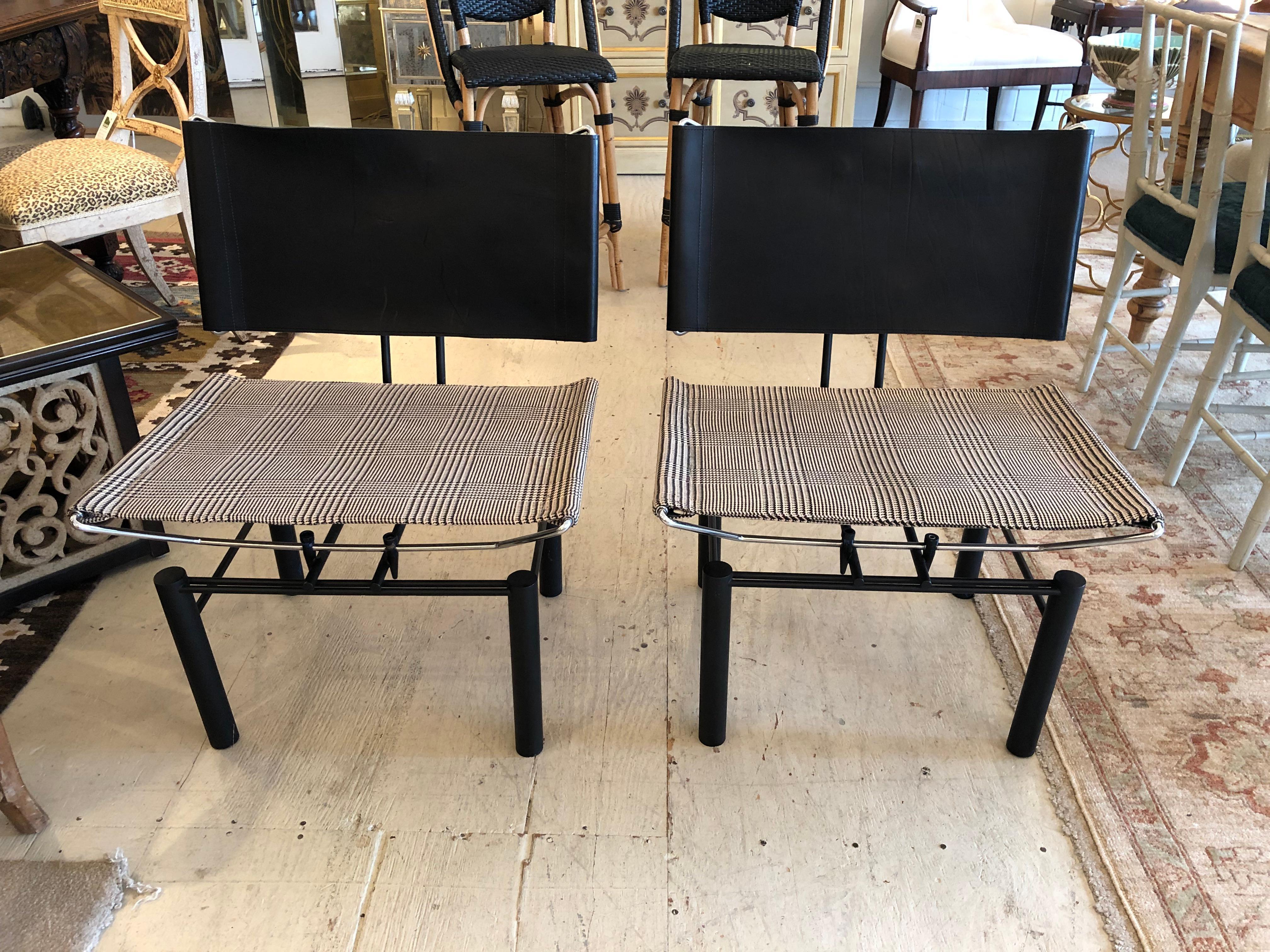 Mid-20th Century Sleek Mid-Century Modern Sophisticated Pair of Leather & Houndstooth Club Chairs