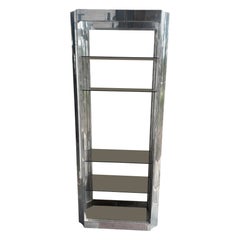 Sleek Milo Baughman style Aluminum and Brass Etagere Smoked Glass Mid-Century