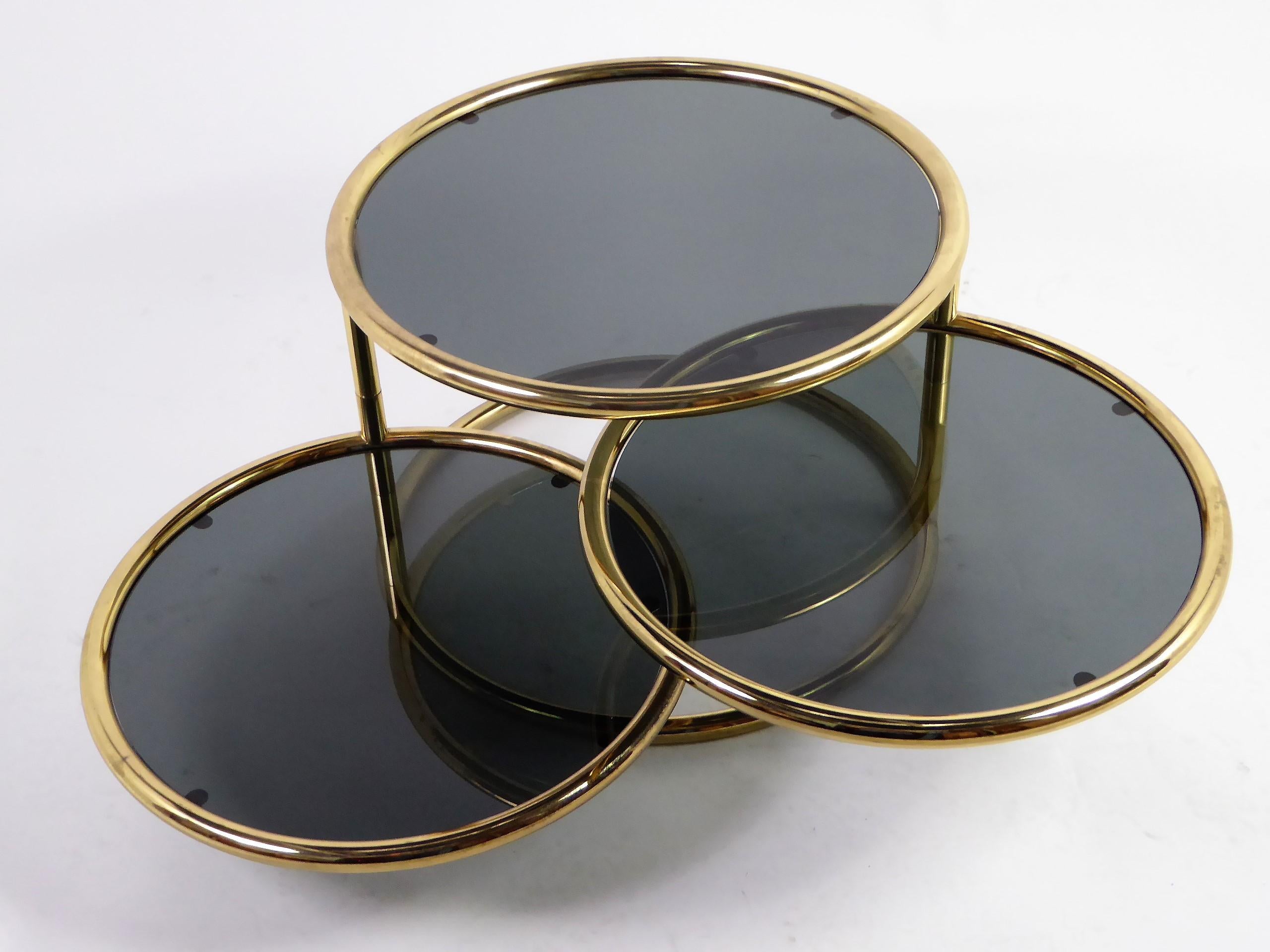 Sleek Milo Baughman Style Brass and Glass Swiveling Coffee Table 7