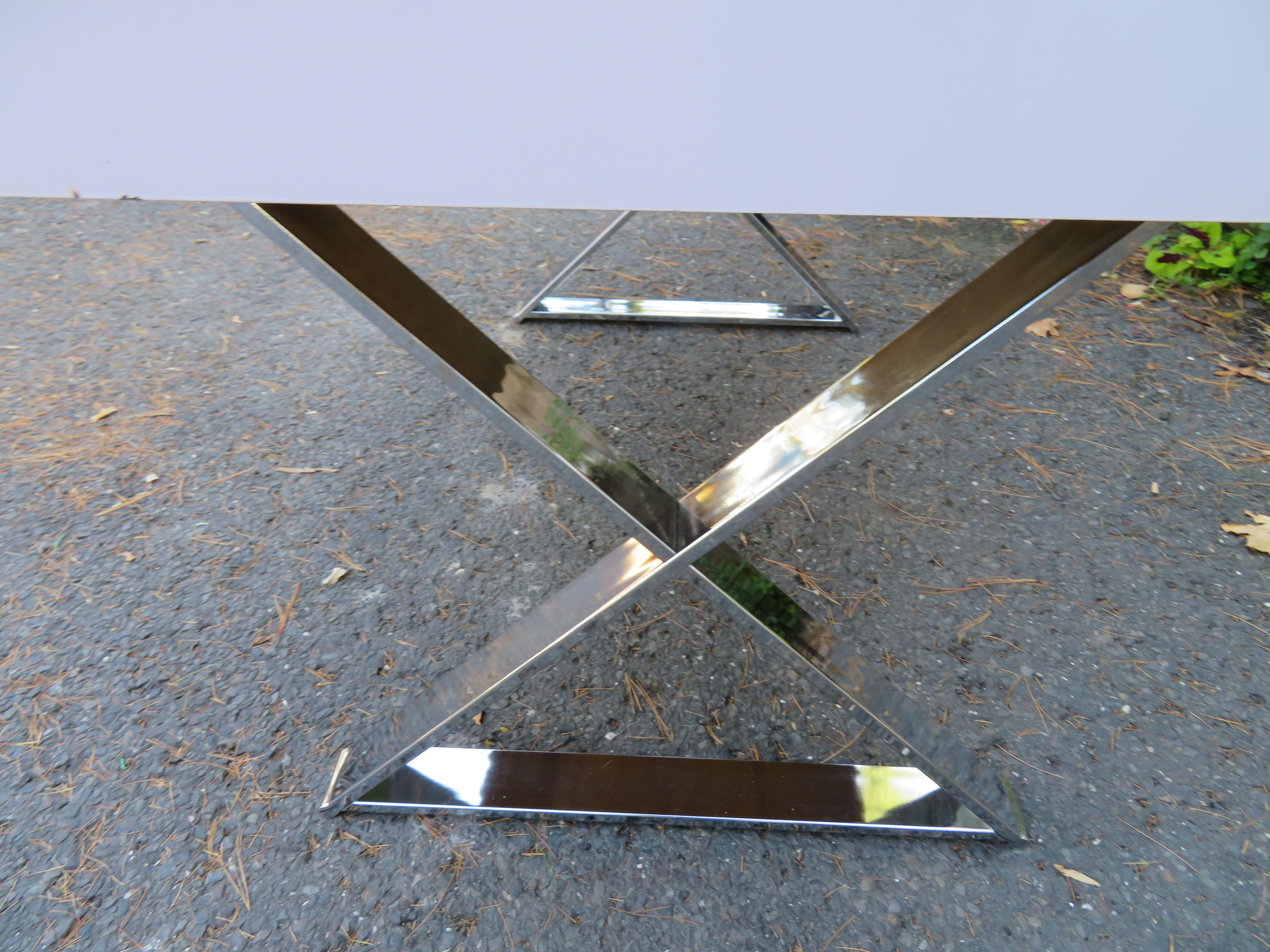 Lacquered Sleek Milo Baughman Style Chrome x Base Desk John Stuart Mid-Century Modern For Sale