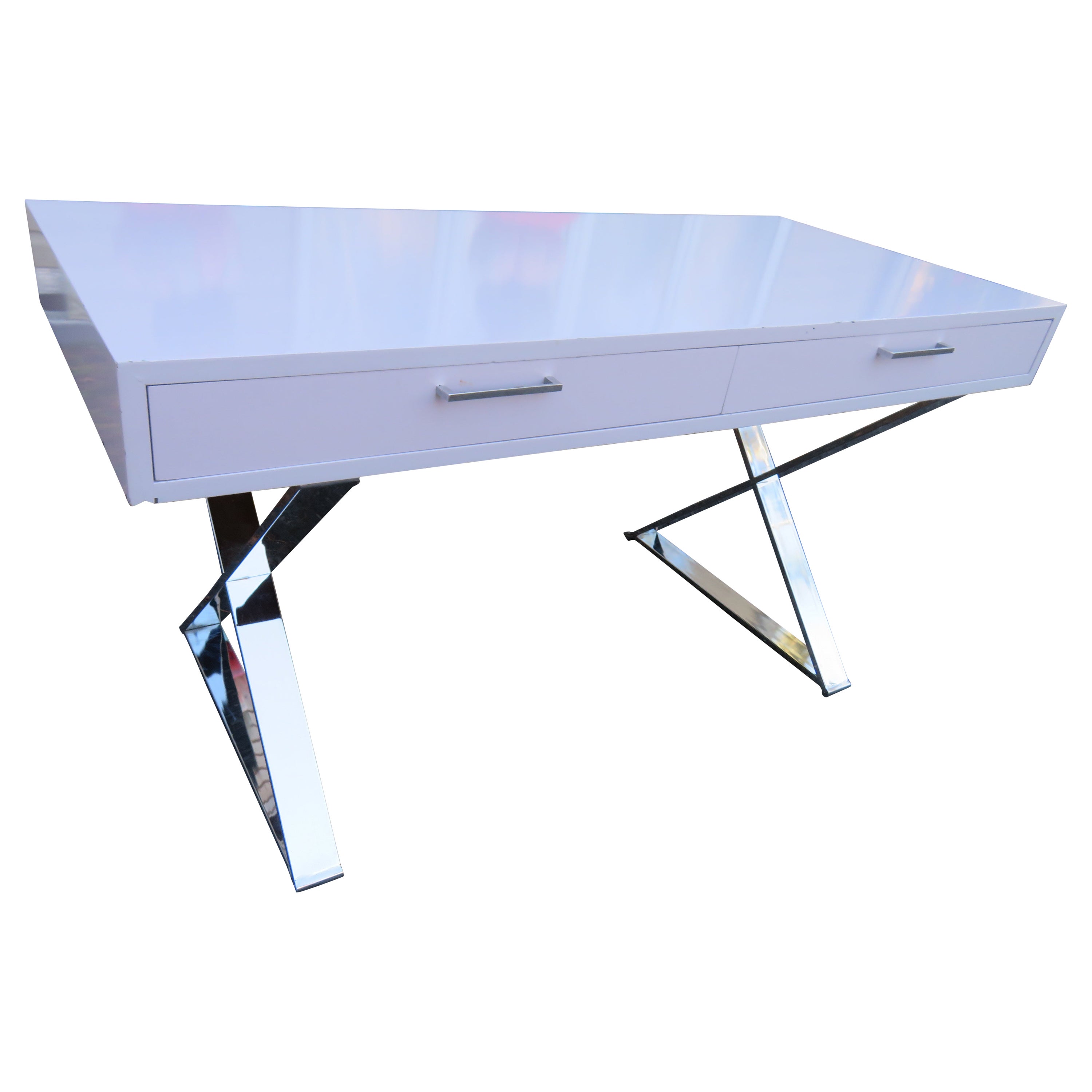 Sleek Milo Baughman Style Chrome x Base Desk John Stuart Mid-Century Modern