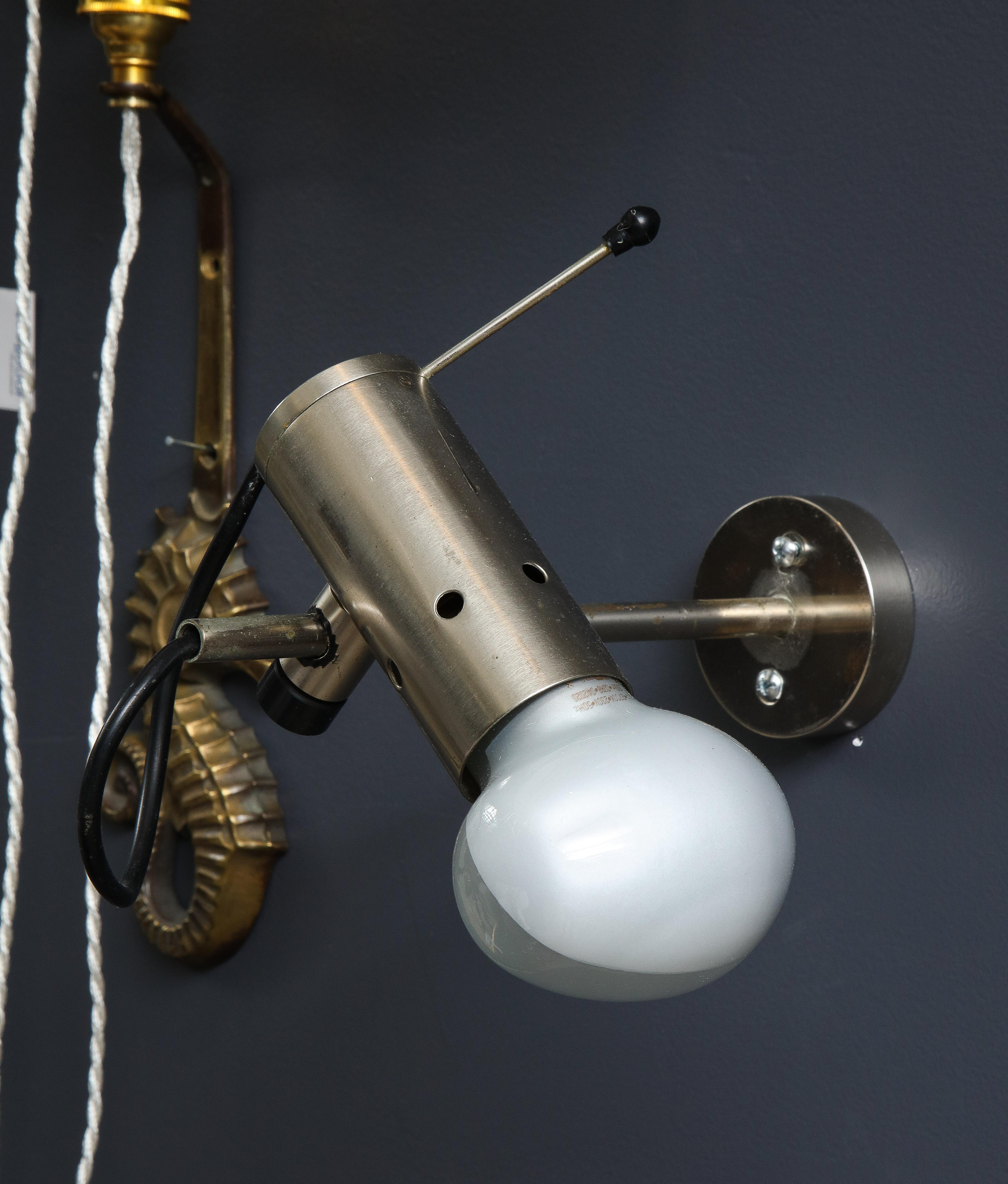 Sleek Minimalist Nickel Plated Bronze Sconces by Tito Agnoli for Oluce, c. 1960 In Good Condition For Sale In Chicago, IL