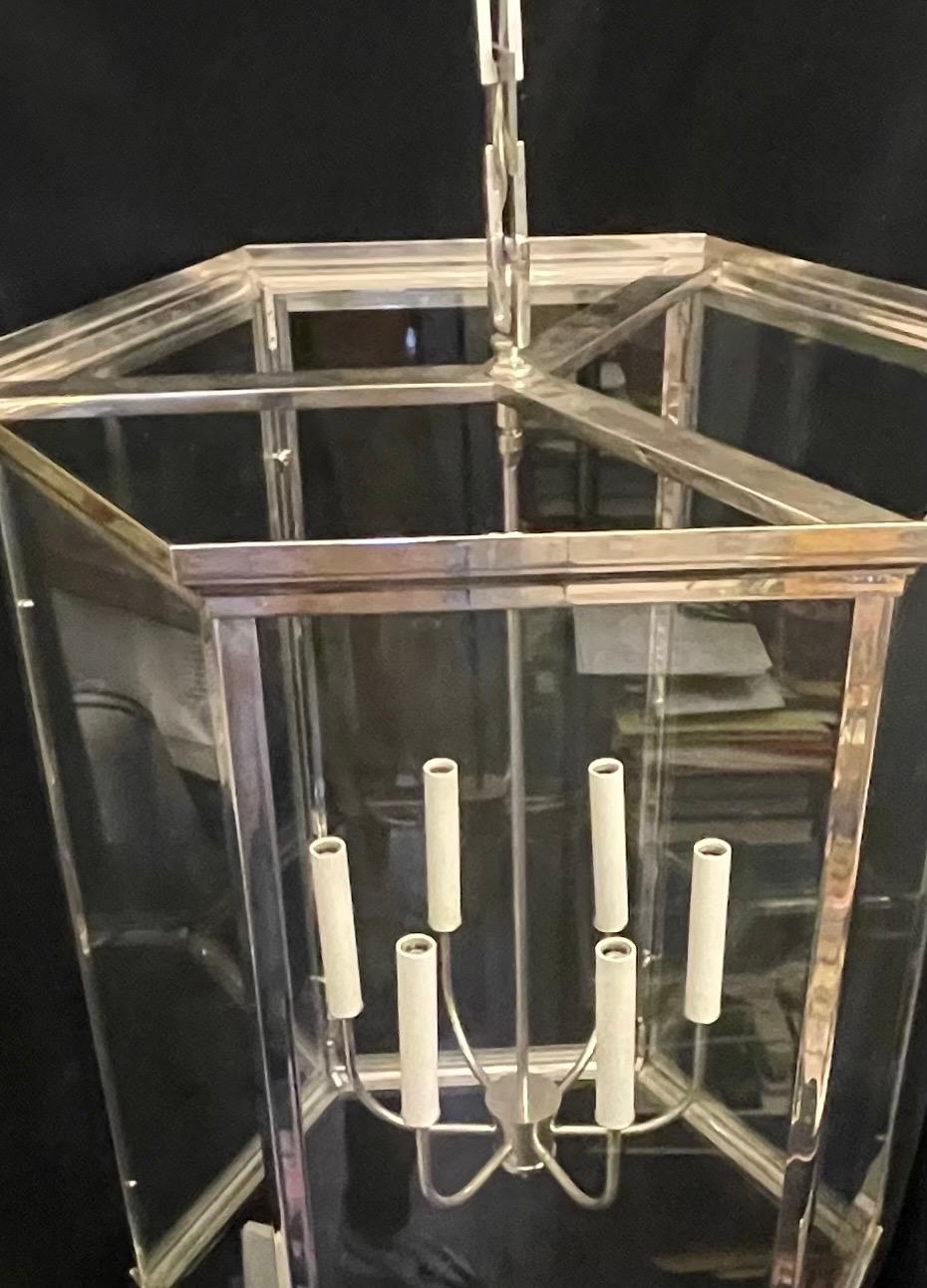 Sleek Modern Art Deco Large Polished Nickel Octagonal Glass Lantern Fixture In Good Condition For Sale In Roslyn, NY