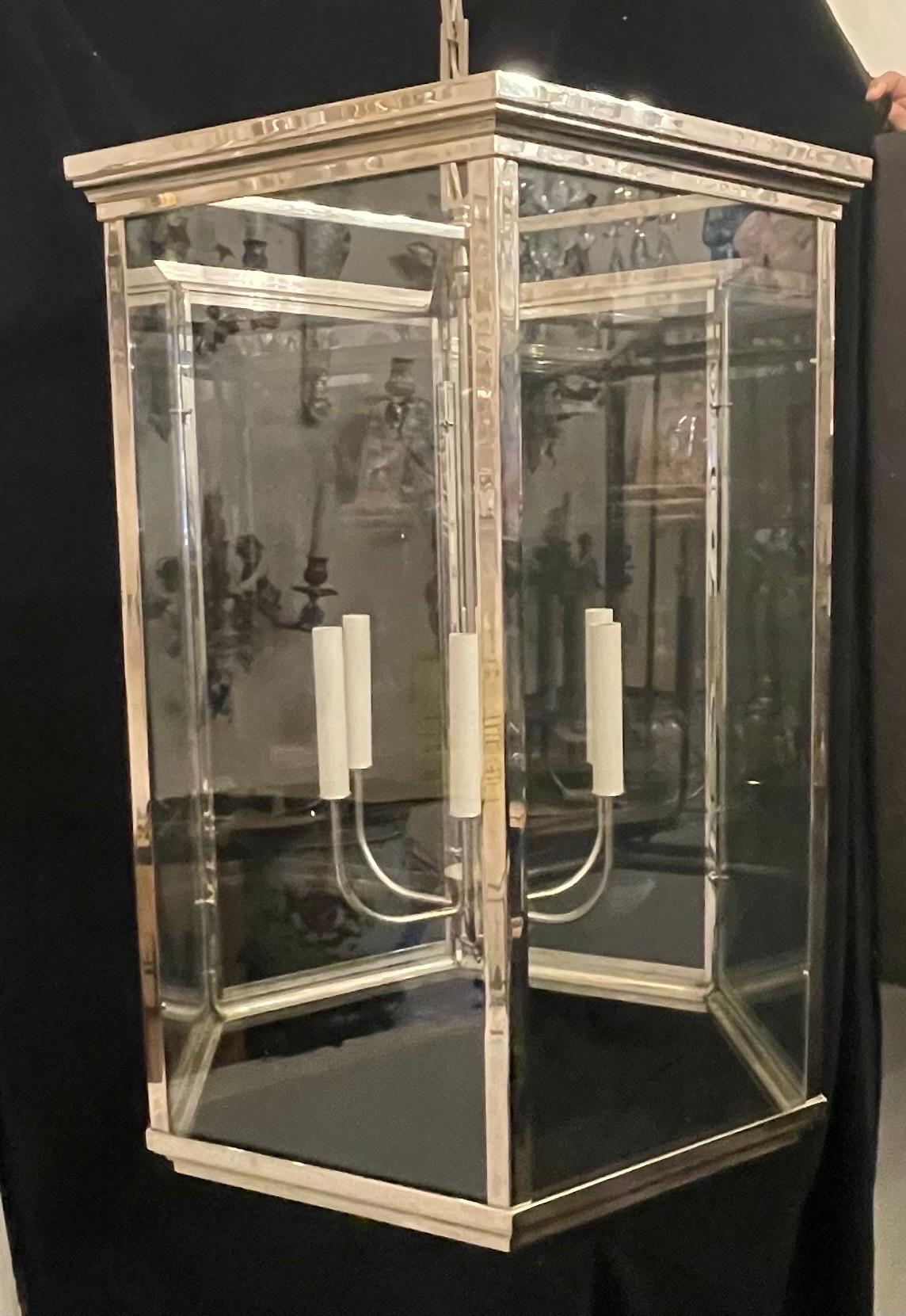 Lanterne octogonale en verre Art Déco moderne et élégant en nickel poli Bon état - En vente à Roslyn, NY