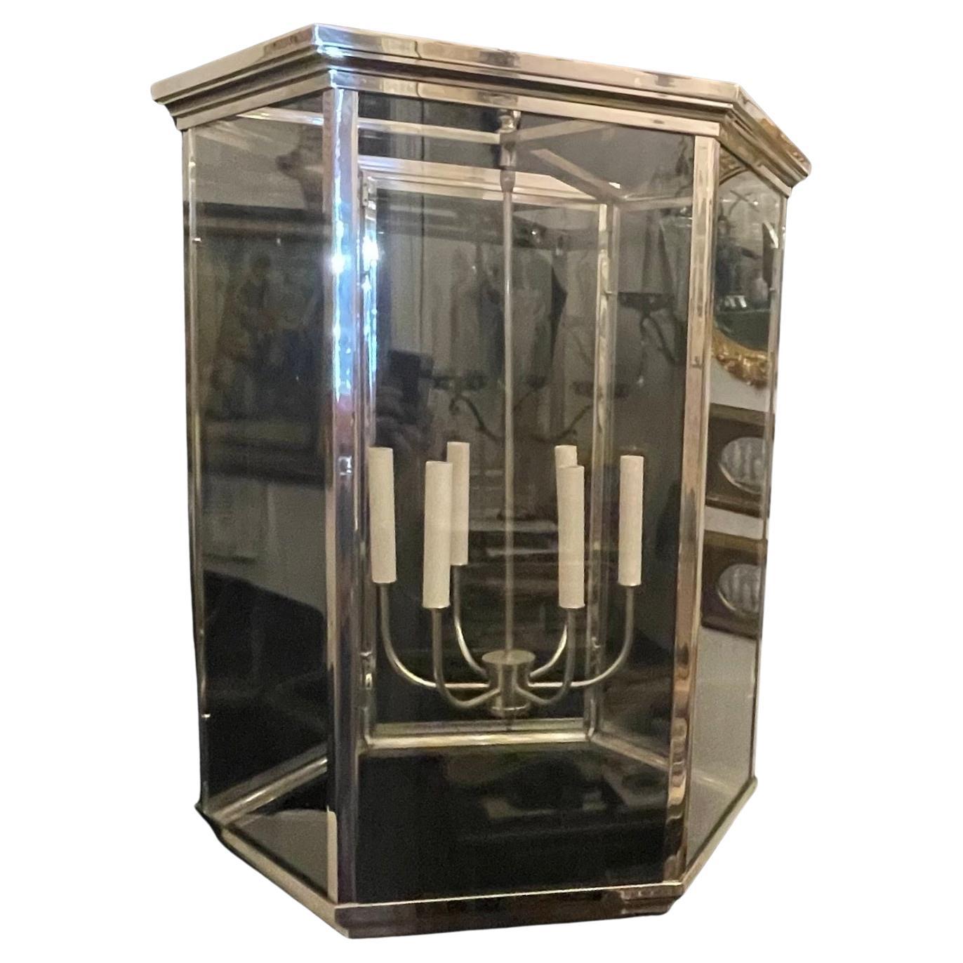 Sleek Modern Art Deco Large Polished Nickel Octagonal Glass Lantern Fixture For Sale