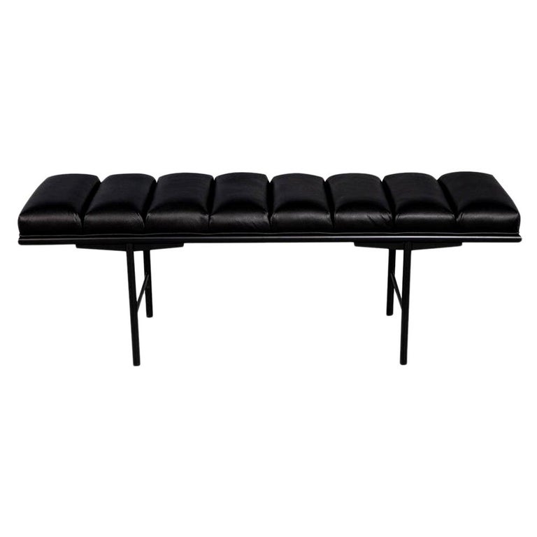 Sleek Modern Black Leather Accent Bench, Modern Leather Benches