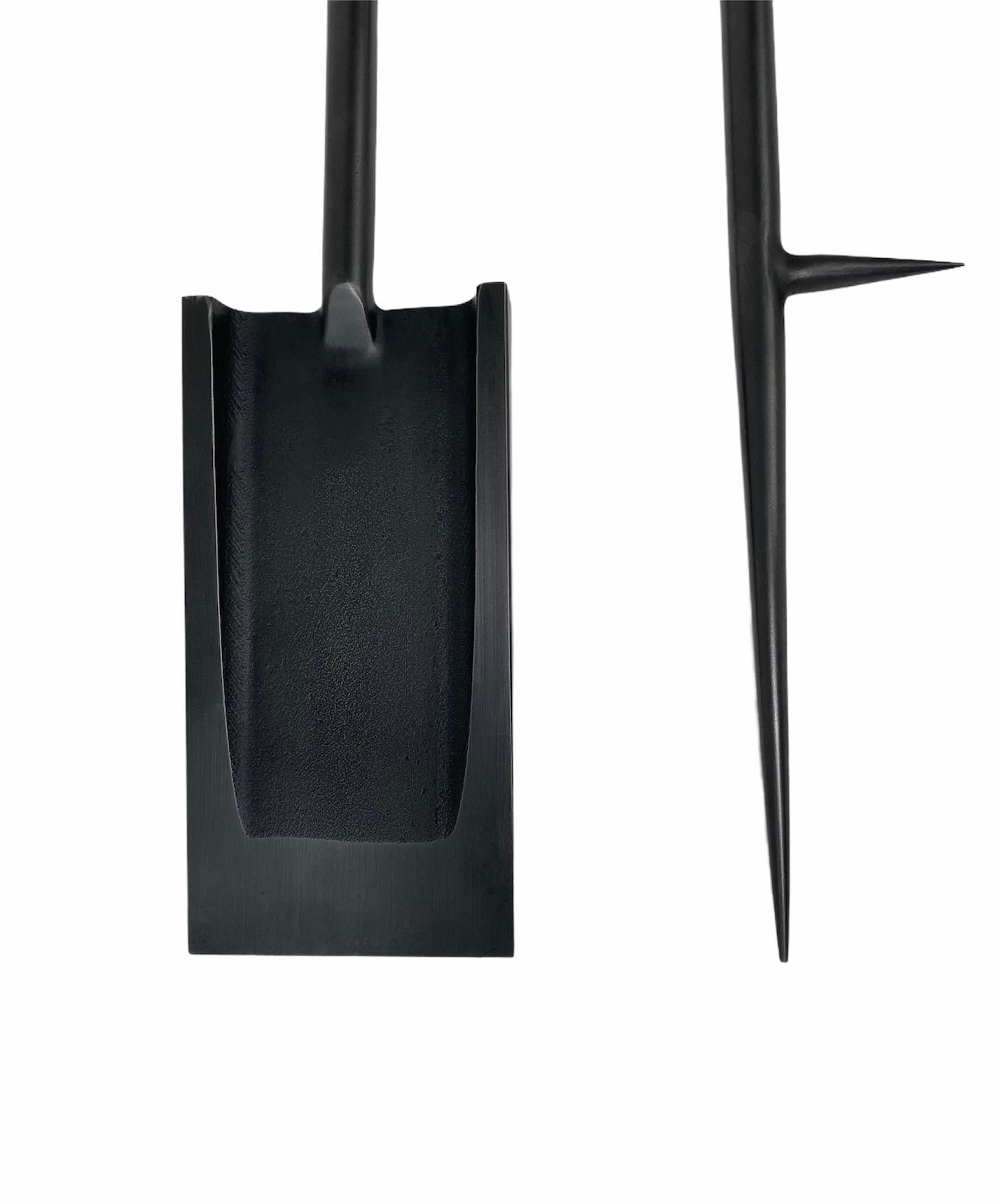 North American Handmade Modern Blackened Steel Fireplace Tool Set with Shovel and Poker For Sale