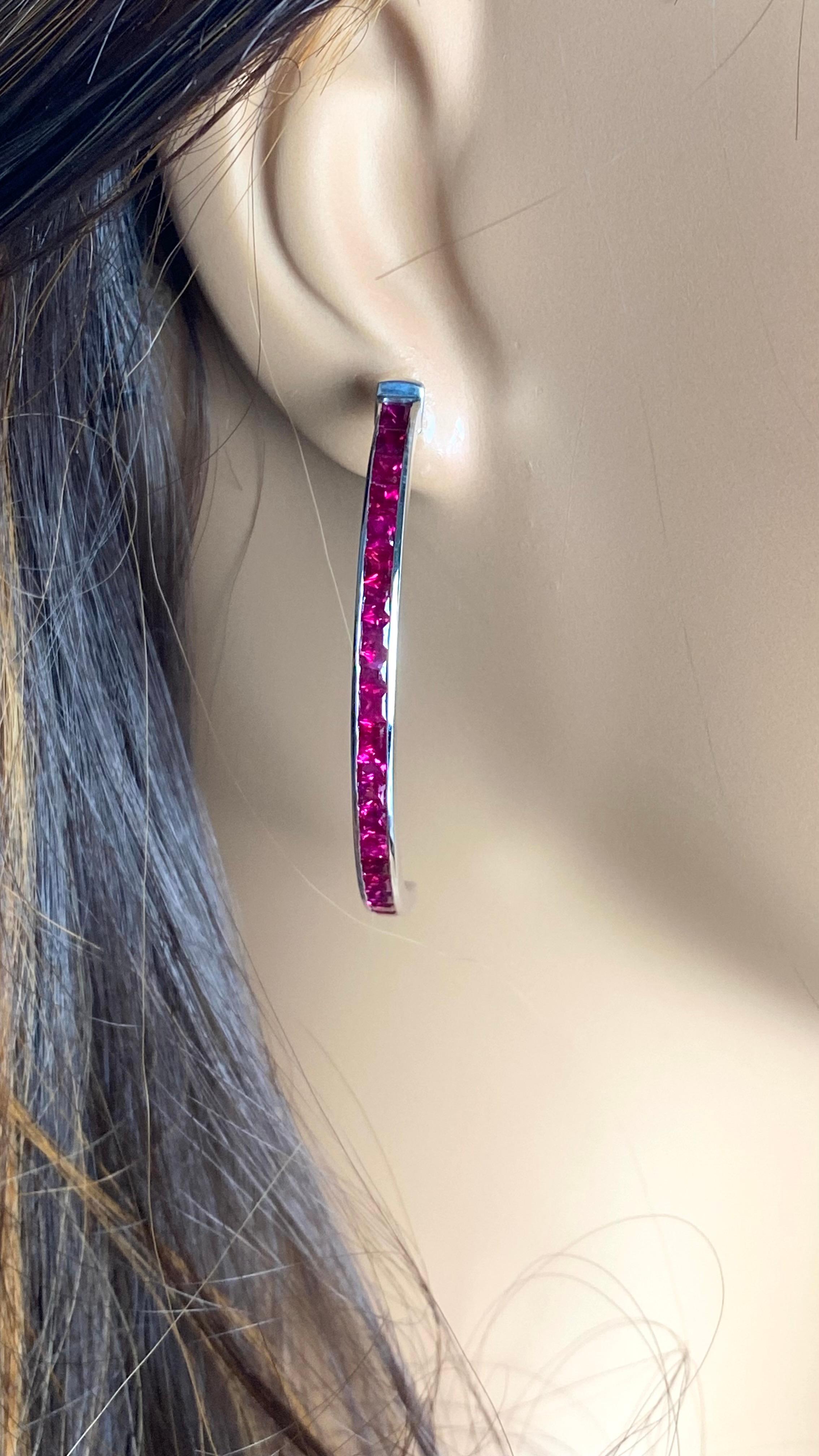Square Cut Sleek Modern Design White Gold 2 Inch Hoops Matched Square Rubies 7.90 Carats For Sale
