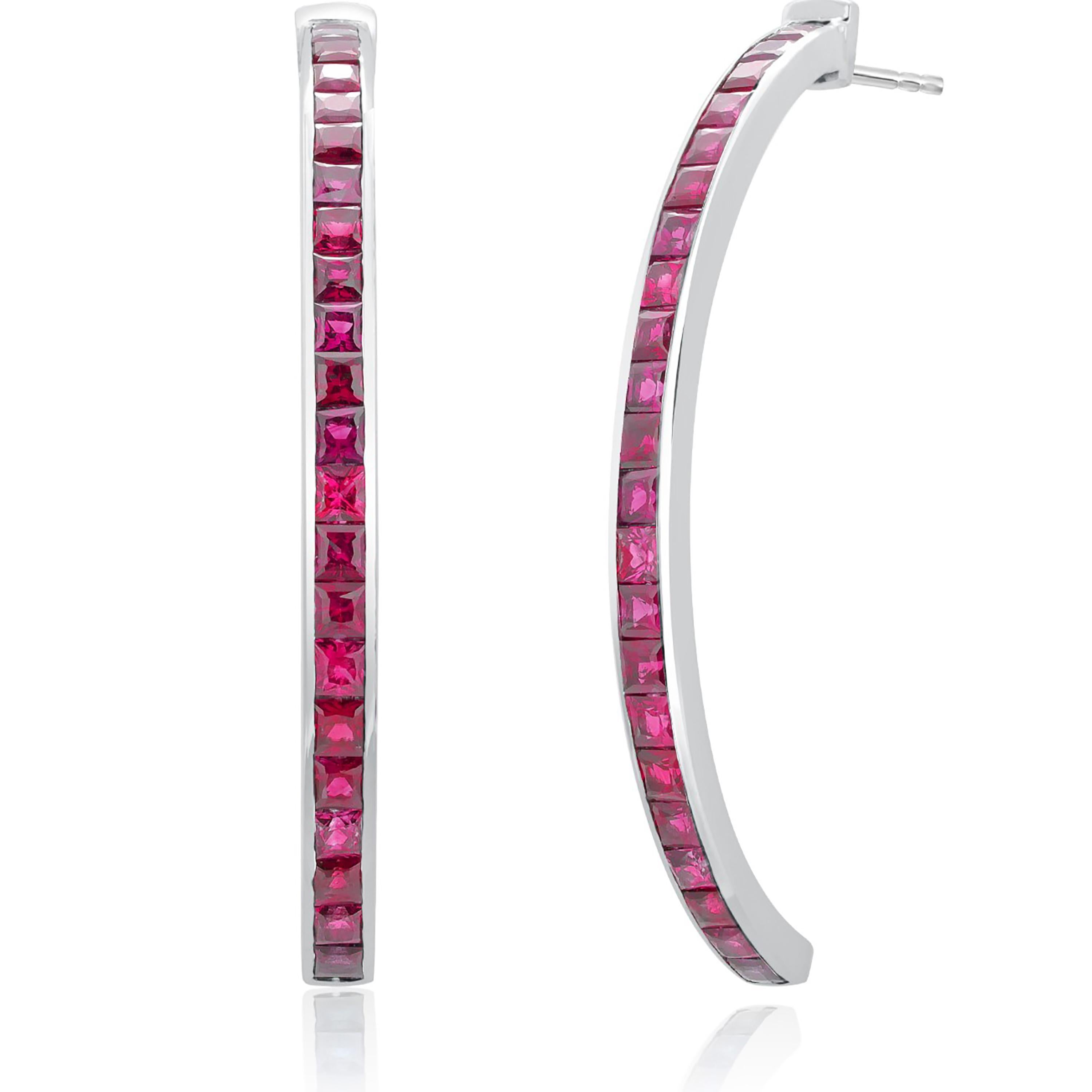 Women's or Men's Sleek Modern Design White Gold 2 Inch Hoops Matched Square Rubies 7.90 Carats For Sale