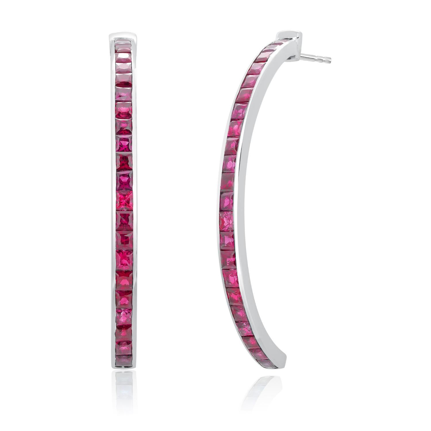Sleek Modern Design White Gold 2 Inch Hoops Matched Square Rubies 7.90 Carats For Sale 2
