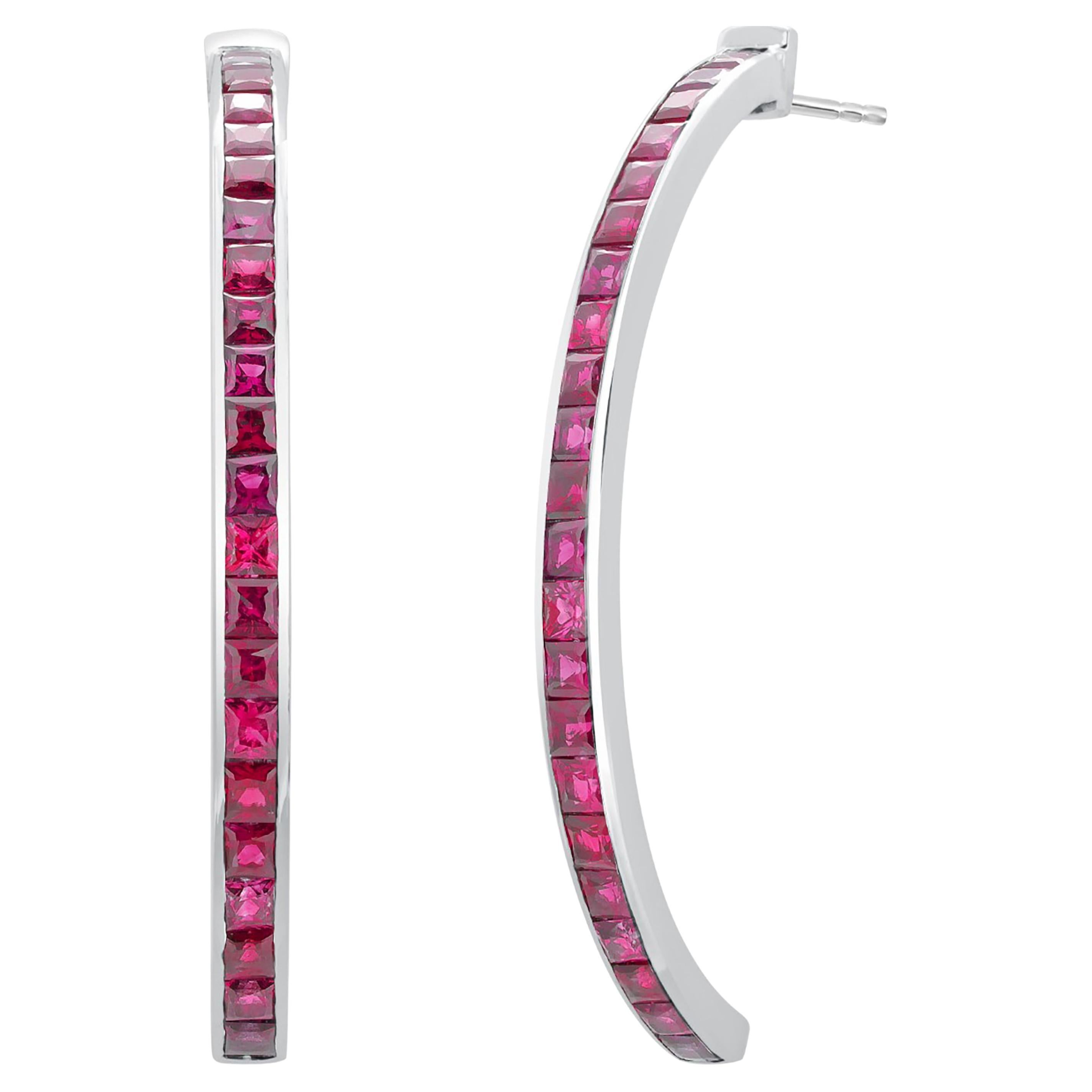 Sleek Modern Design White Gold 2 Inch Hoops Matched Square Rubies 7.90 Carats For Sale